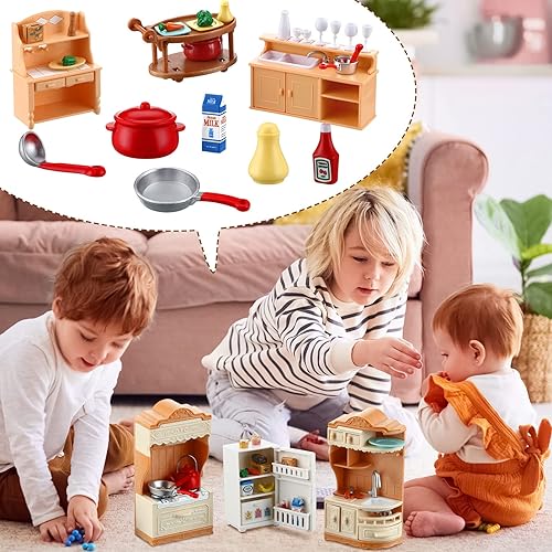 Miniatura 5 de Juego de 43 piezas de muebles de casa de muñecas, juego de cocina, refrigerador en miniatura con mini ollas y sartenes para alimentos, accesorios de