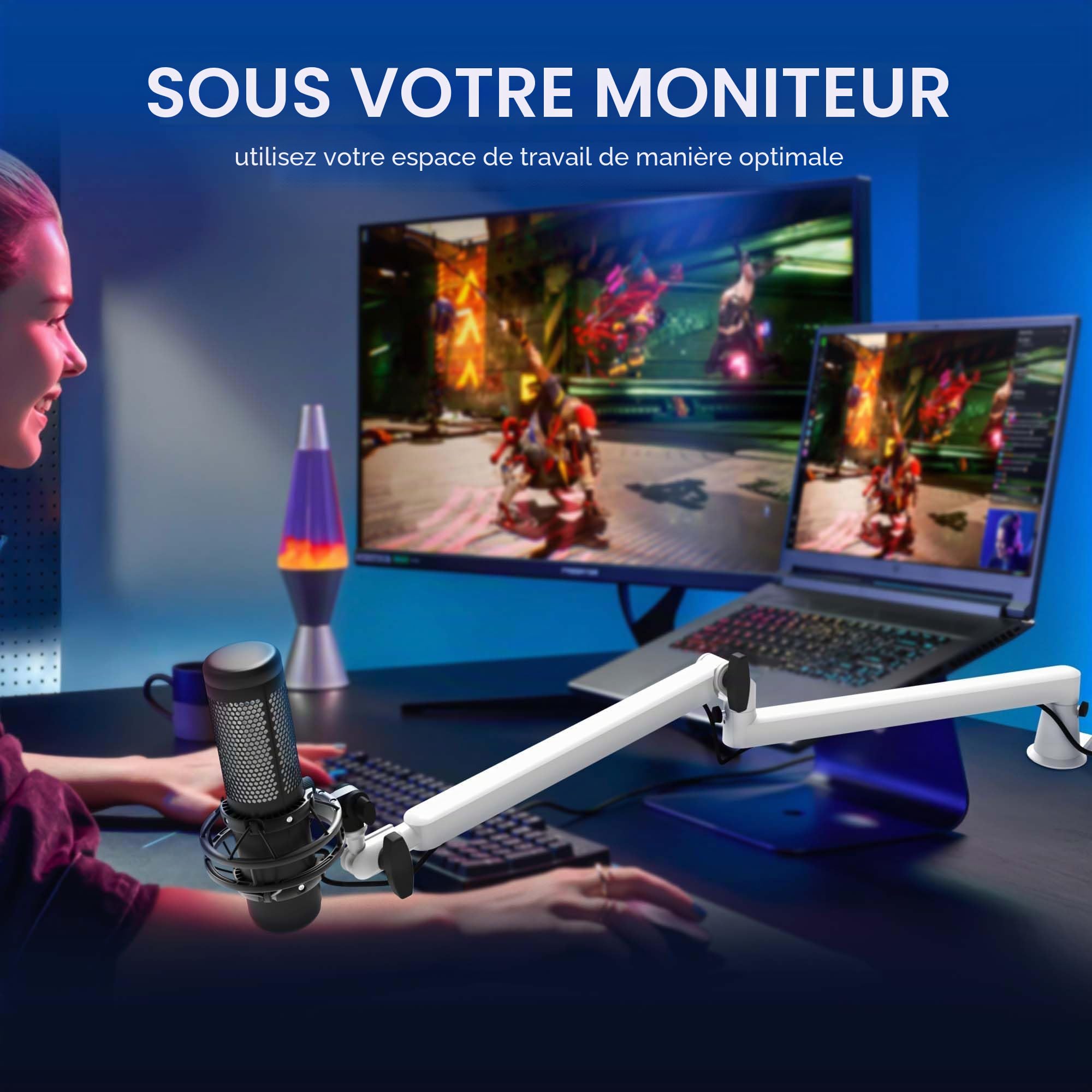 Bras de microphone à profil bas - Bras de microphone professionnel réglable - Support de bureau solide - Support de microphone pour podcast, streaming, jeux vidéo, studio - Blanc