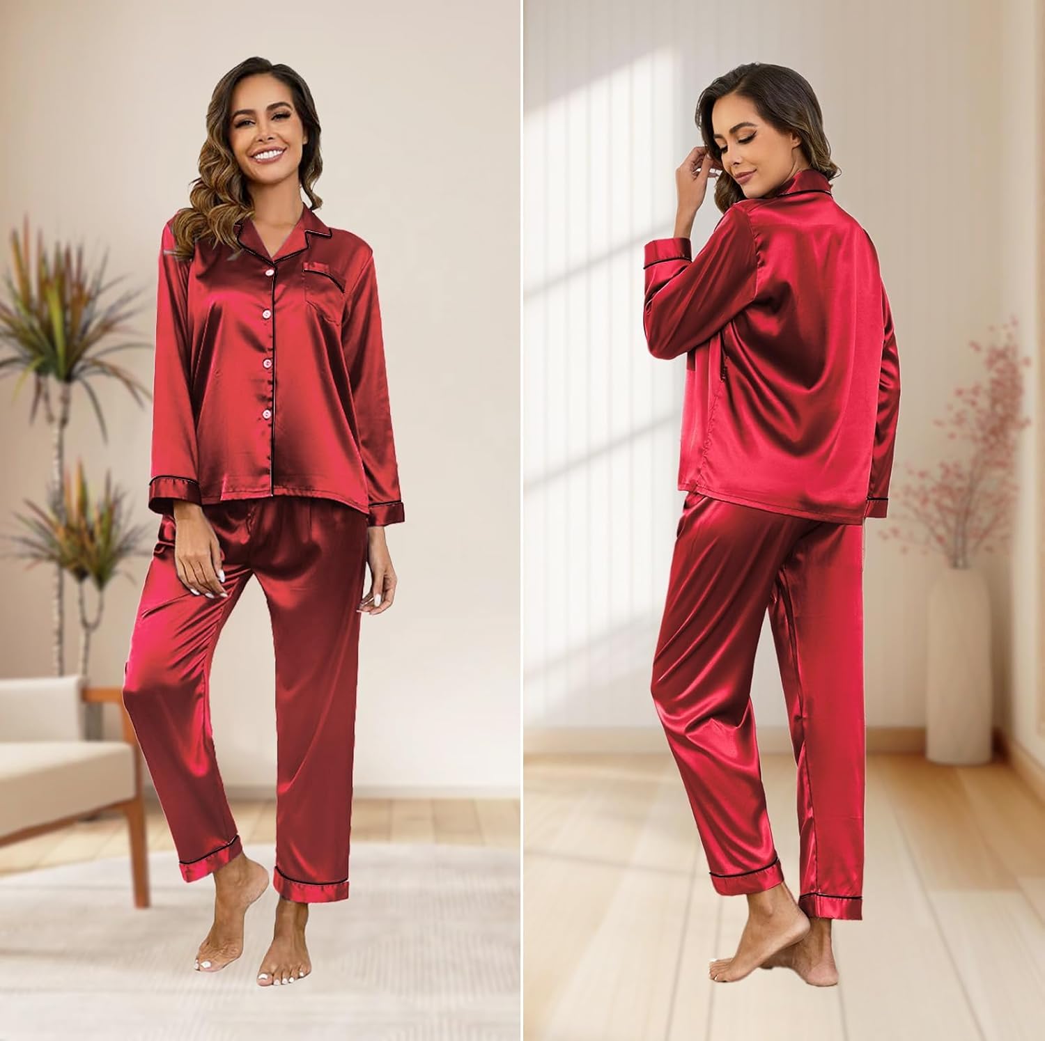 Silk Pajamas for Women Set Long Sleeve Satin Pj Set Soft Christmas Sleepwear Classic Button Down Xmas Loungewear - Image 2