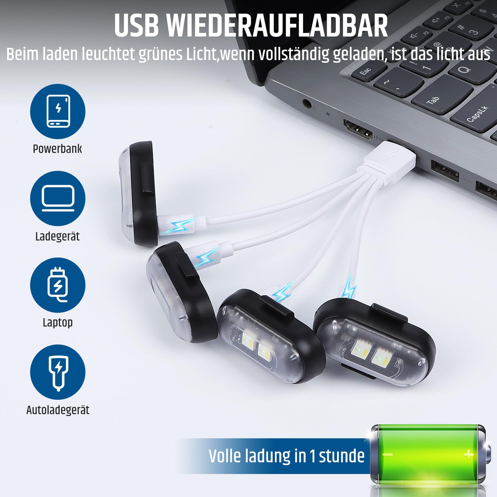 FIVAVA 4 bezprzewodowe światła LED do samochodu, 8 kolorów, lampa błyskowa LED z pilotem zdalnego sterowania, ładowanie przez USB, antykolizyjne światła do samochodu, motocykla, ciężarówki