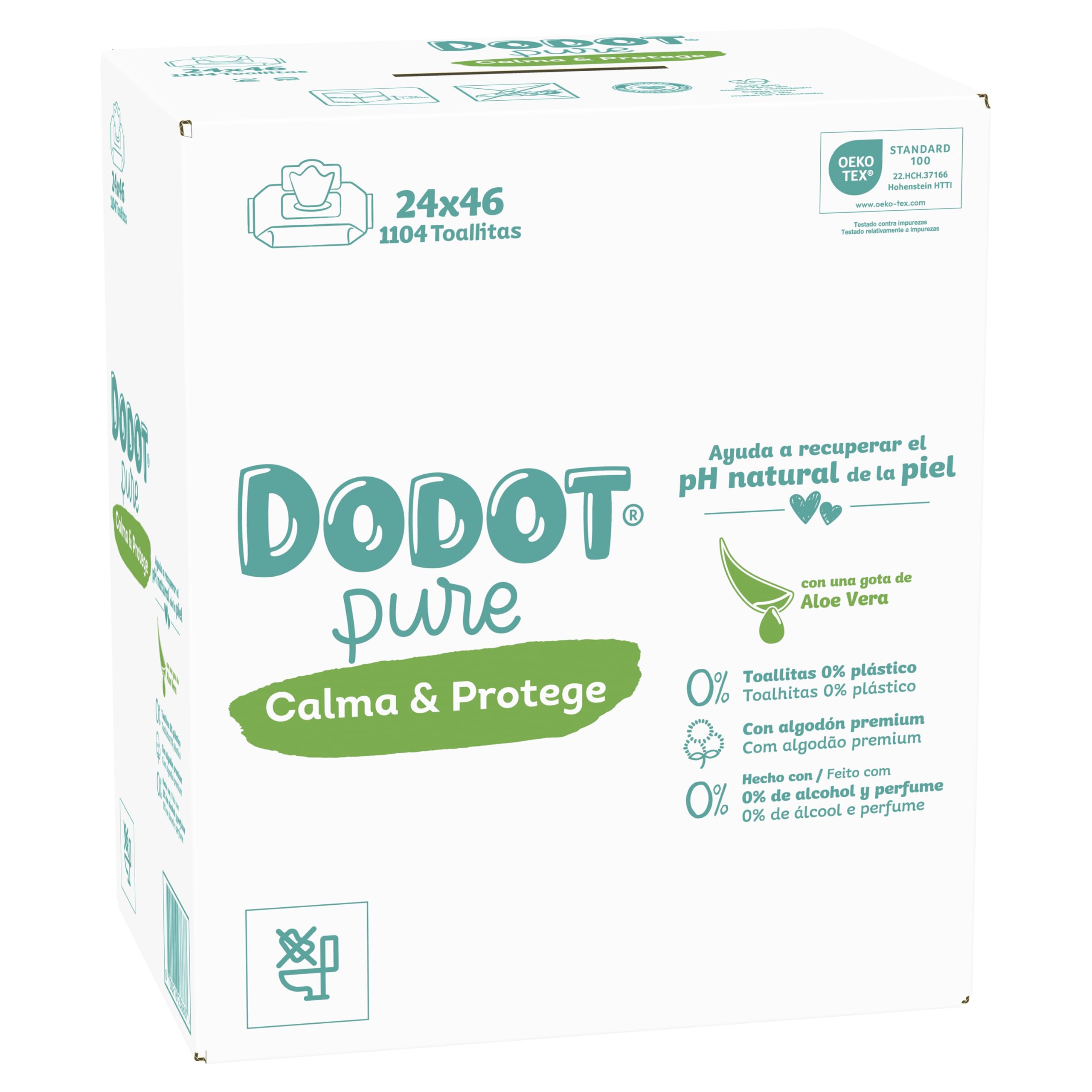 Dodot Toallitas Pure Calma & Protege Para Bebé, 1104 Toallitas (24 Pack De 46 Unidades), Ayuda a restaurar el pH natural de la piel, 99% Agua, Sin plástico