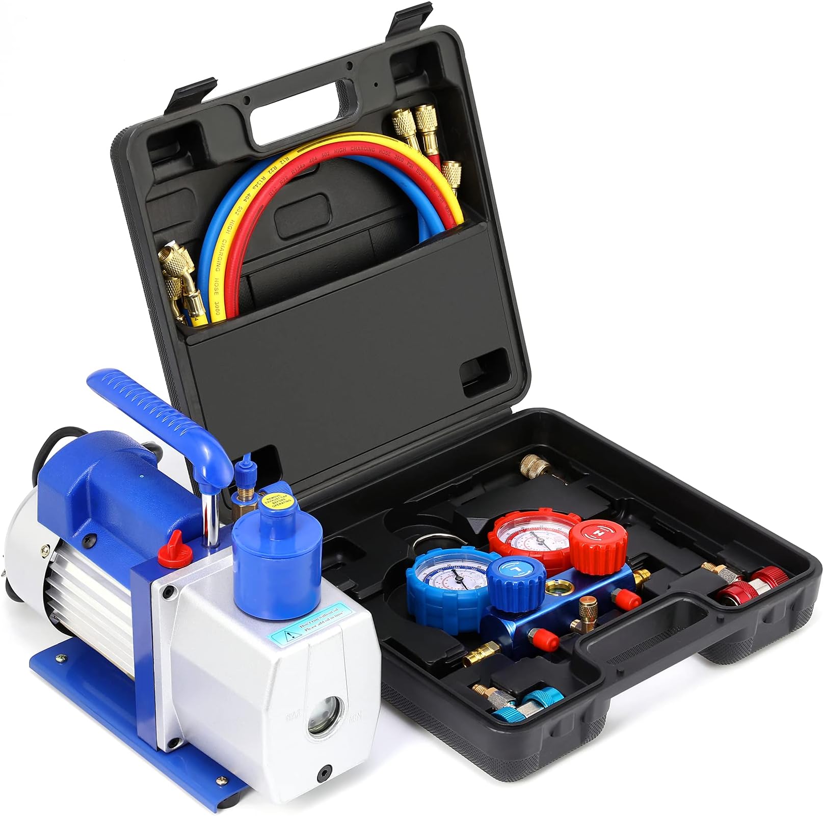 Orion Motor Tech AC Gauges and Vacuum Pump, 5CFM Vacuum Pump with Manifold Gauge Set, Evacuation & Recharging, Diagnostic 3 Way AC Gauge Set for R134a R22 R410a (Oil Not Included)