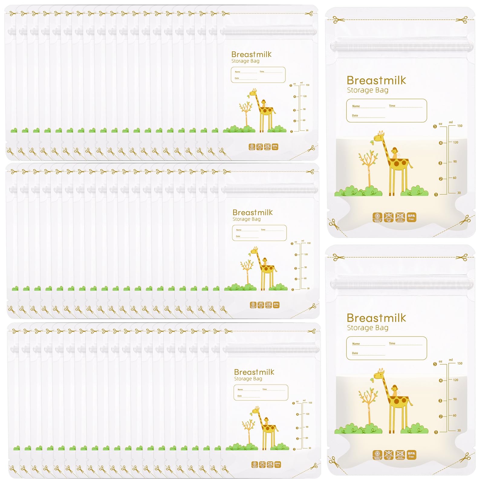 Lvefyti 60 Stück Muttermilch Aufbewahrung Bag,150ml Muttermilchbeuteln,Vorsterilisiert Auslaufsichere Milchbeutel,Muttermilchbeutel mit Doppelreißverschluss für Muttermilch