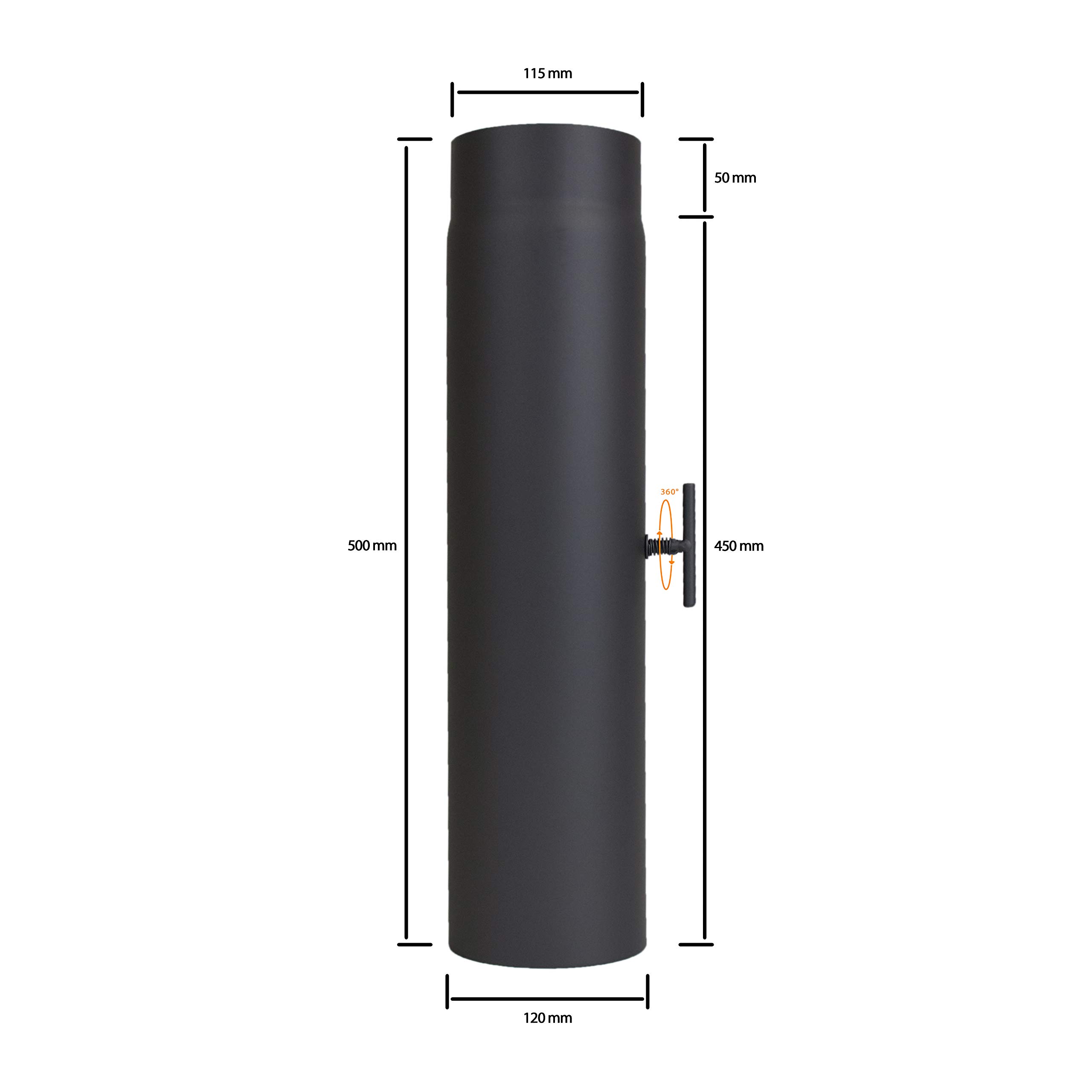 LANZZAS Tubo per stufa, 500 mm, prolunga con valvola a farfalla, diametro Ø 120 mm, colore: nero, tubo del fumo con patta