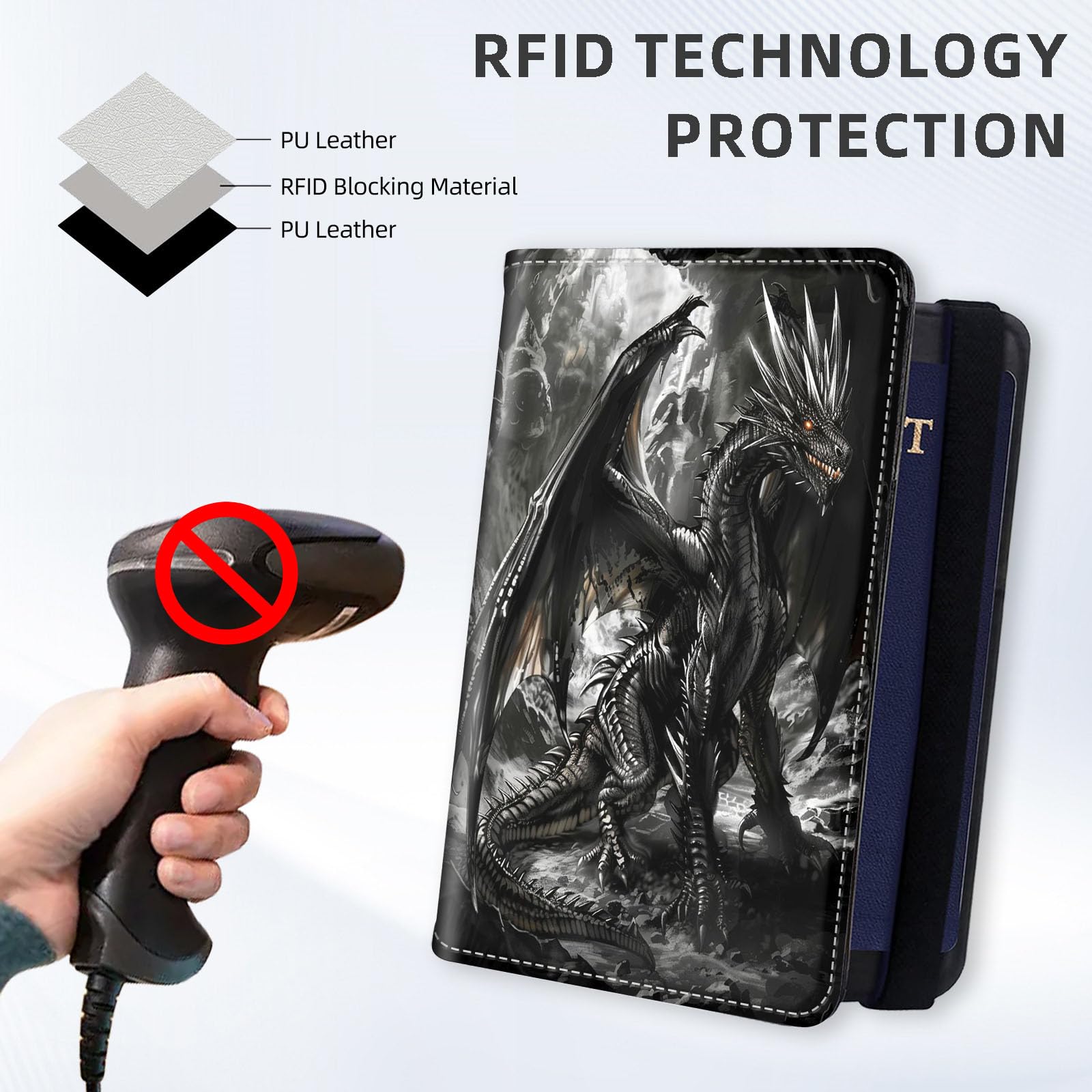Cartera para pasaporte con bloqueo RFID, accesorios de viaje de cuero de primera calidad para mujeres y hombres, organizador seguro para tarjetas, 1, negro - dragón, 4.25 * 5.6 IN, Clásico