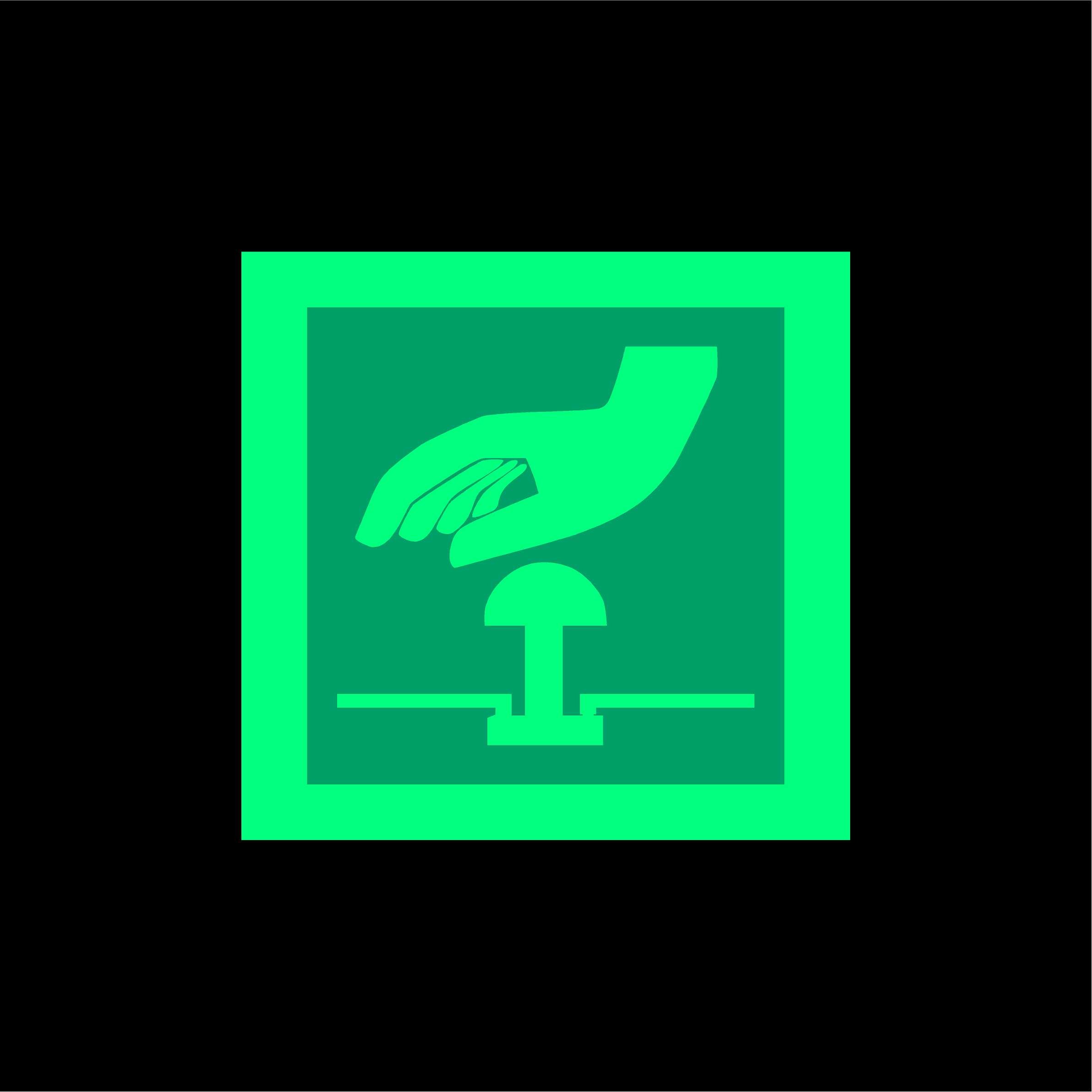 ISO Safety label Sign International Emergency stop button Symbol - 100mm x 100mm 1.2mm Photoluminescent glow in the dark rigid plastic with self adhesive backing