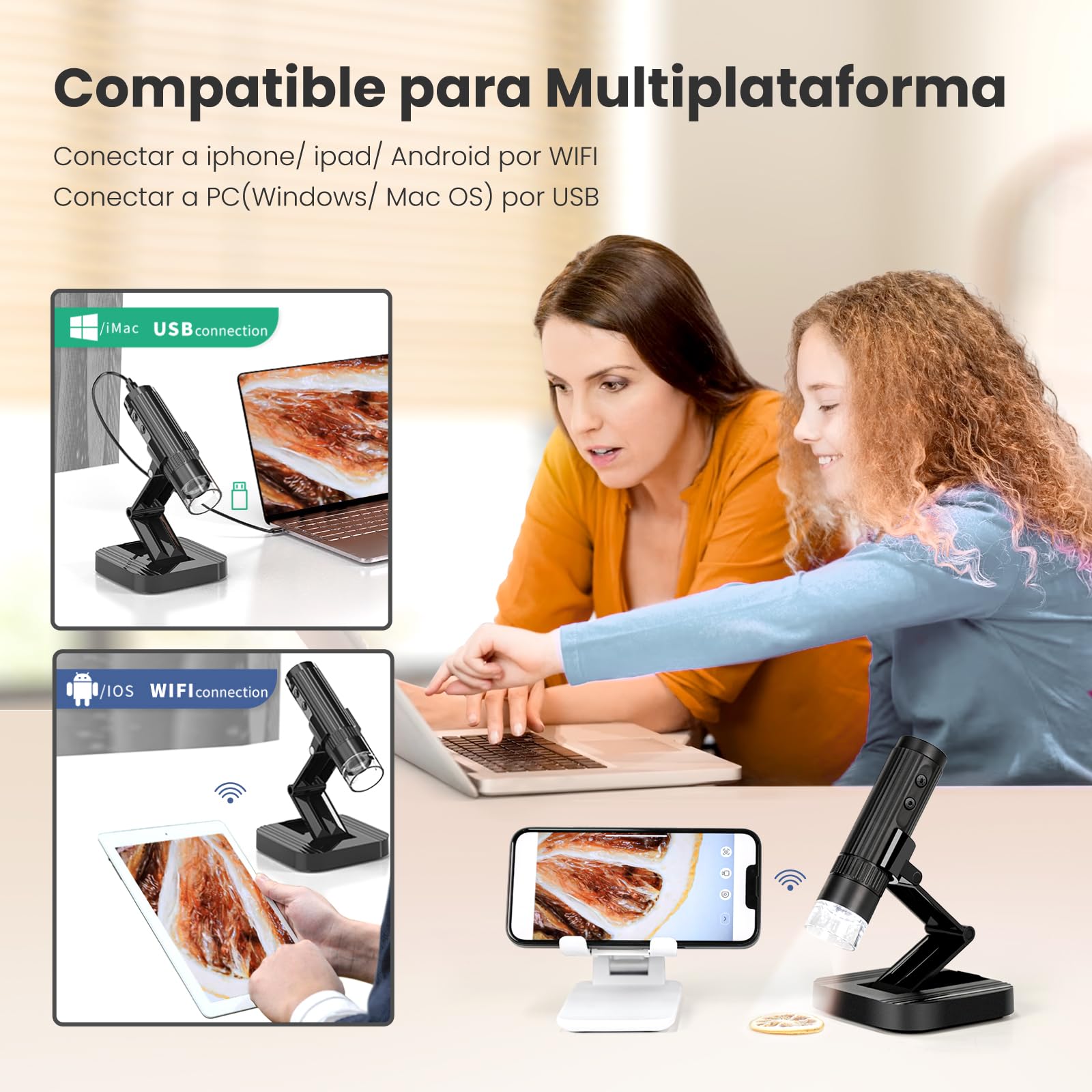 MatataStudio M2C Cyfrowy Mikroskop USB - Bezprzewodowy WiFi 50X-1000X 1080P HD, Przenośny z Regulowanym Stojakiem, 8 x LED, Kieszonkowy do iPhone'a, iPada, PC