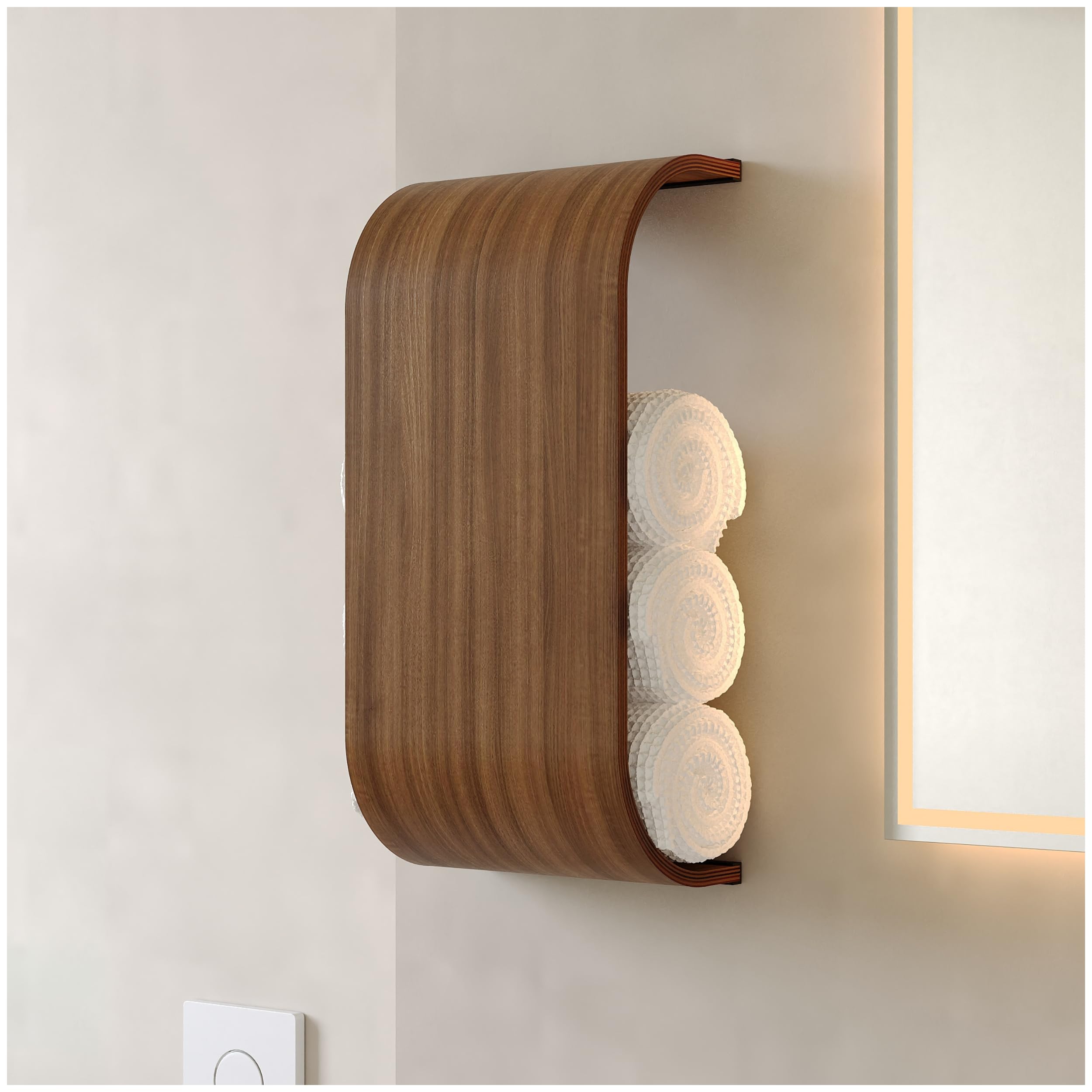 Bathroom Towel Holder, Toilet Paper Holder, Wooden Shelf, Walnut WC Roll Storage, Wall Mount Floating Rolls Rack, Unique Holders for Bathroom, TP Organizer (Walnut, Wide)