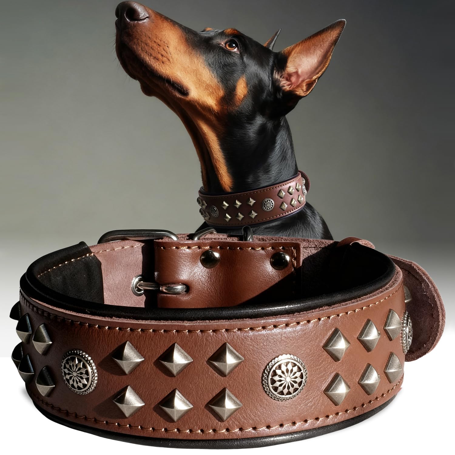 EliteGuard Hundehalsband Leder, 5,6 cm Breit, Handgefertigt Mit Nieten Und Edelstahlschnalle, Für Den Täglichen Gebrauch Bei Großen Hunden Braun 36.5-47.5 cm