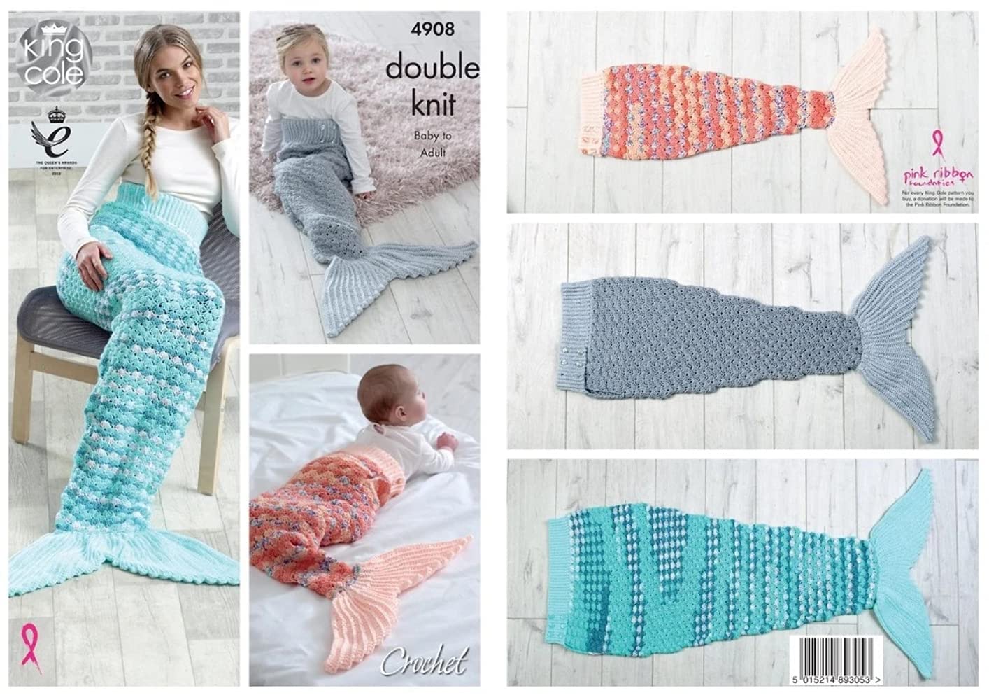 King Cole Multicolor 4908 Crochet Pattern Baby Child Adult Mermaid Tail Blanket In Dk, Various Sizes
