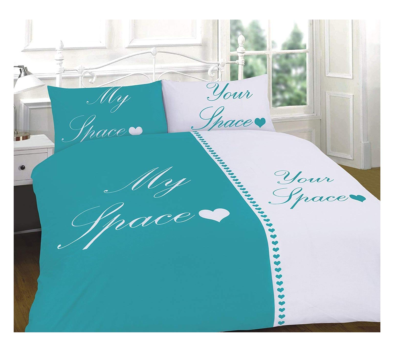Excellent Hotel Quality Double Size Couple My Space Your Space Teal and White Duvet Cover Set Bedding Set with Pillowcases - Double Size