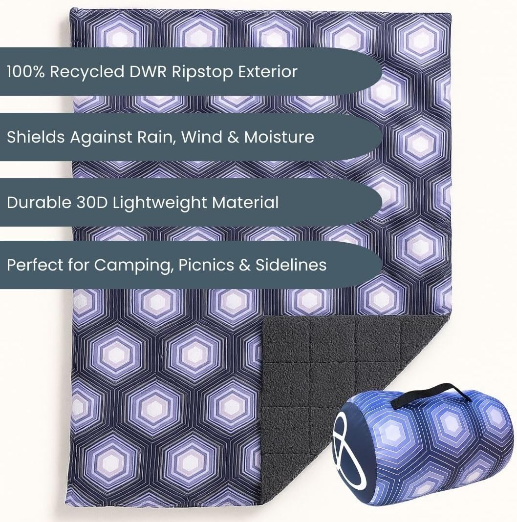 ROAM Weatherproof Sherpa Fleece Blanket - Durable Recycled Ripstop Exterior, Eco Insulation, Compact Travel Design, Machine Washable, All-Season Outdoor & Indoor Blanket, 75" x 52" (Artic Hex)