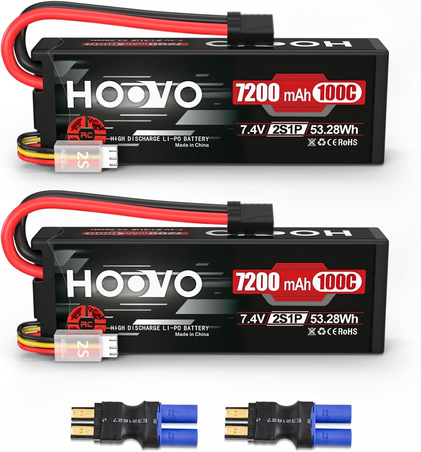 HOOVO 2S Lipo Battery 7.4V 7200mAh 100C RC Lipo Battery Pack Hard Case with TR Plug Compatible with 1/8 and 1/10 RC Truck Vehicles RC Car Truggy Buggy Racing Models-2 Pack 2S 7200mAh