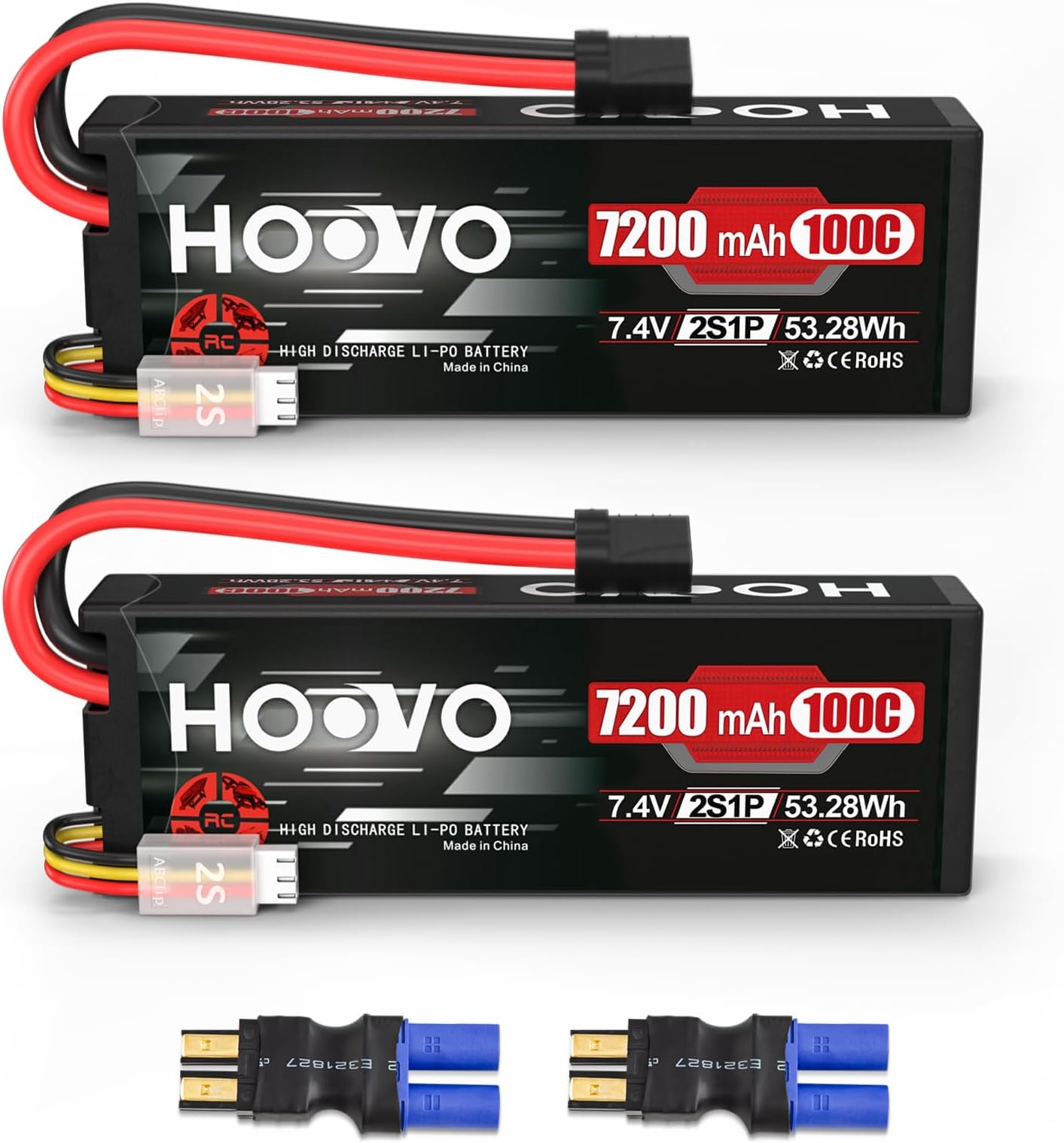 HOOVO 2S Lipo Battery 7.4V 7200mAh 100C RC Lipo Battery Pack TR Plug 2 Pack | Hard Case๏ผCompatible with 1/8 and 1/10 RC Truck Vehicles RC Car Truggy Buggy Racing Models