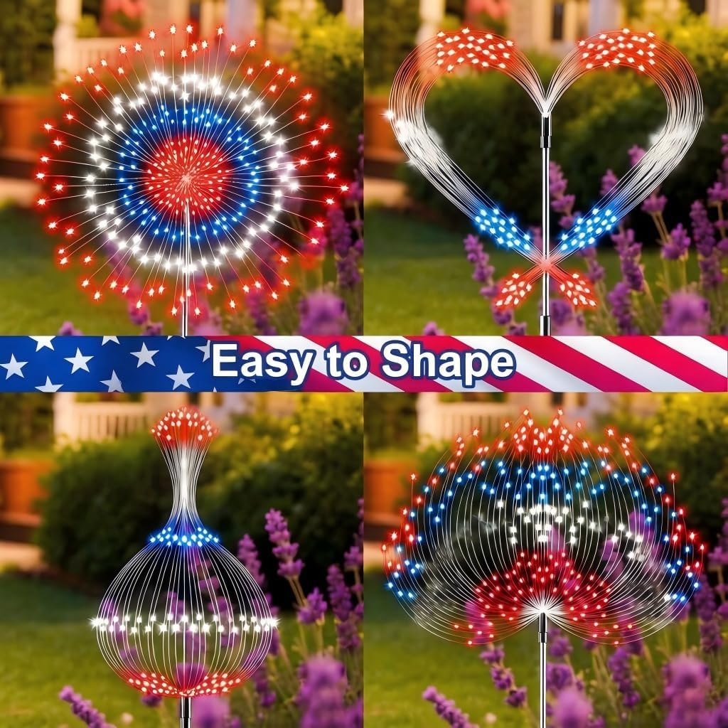 8 Pack 4th of July Solar Firework Lights Outdoor, 1440 LED 8 Modes Red White Blue Patriotic Garden Lights with Timer Remote and USB Charging for Patio Yard Pathway Decor