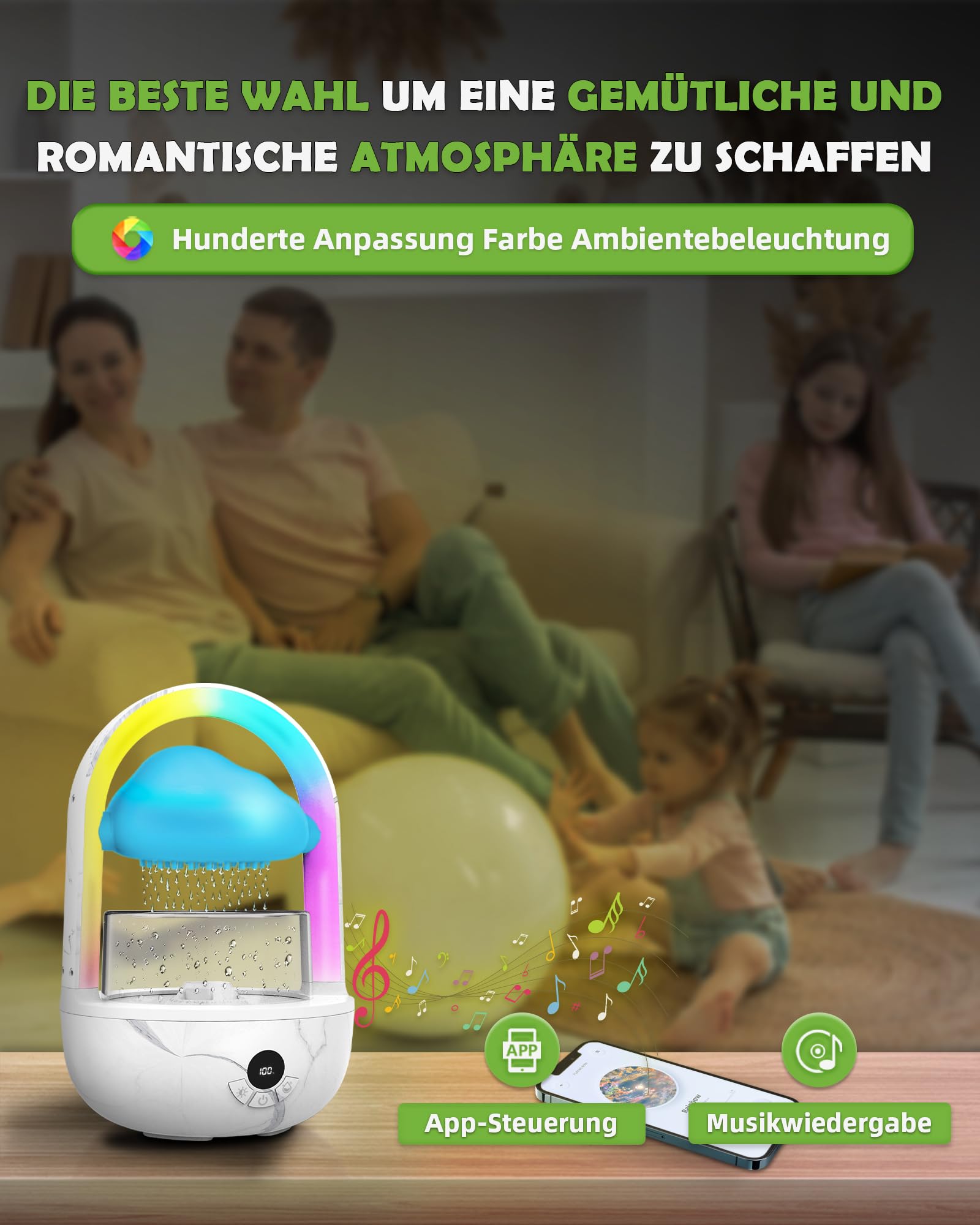 Regenwolken Luftbefeuchter Mit Regenbogenlicht, Weljoy Humidifier Mit Exklusive APP, Luftbefeuchter Schlafzimmer Mit Marmortextur & 7 Farben LED-Lichtern, Raumbefeuchter Für Schlafen/Entspannung