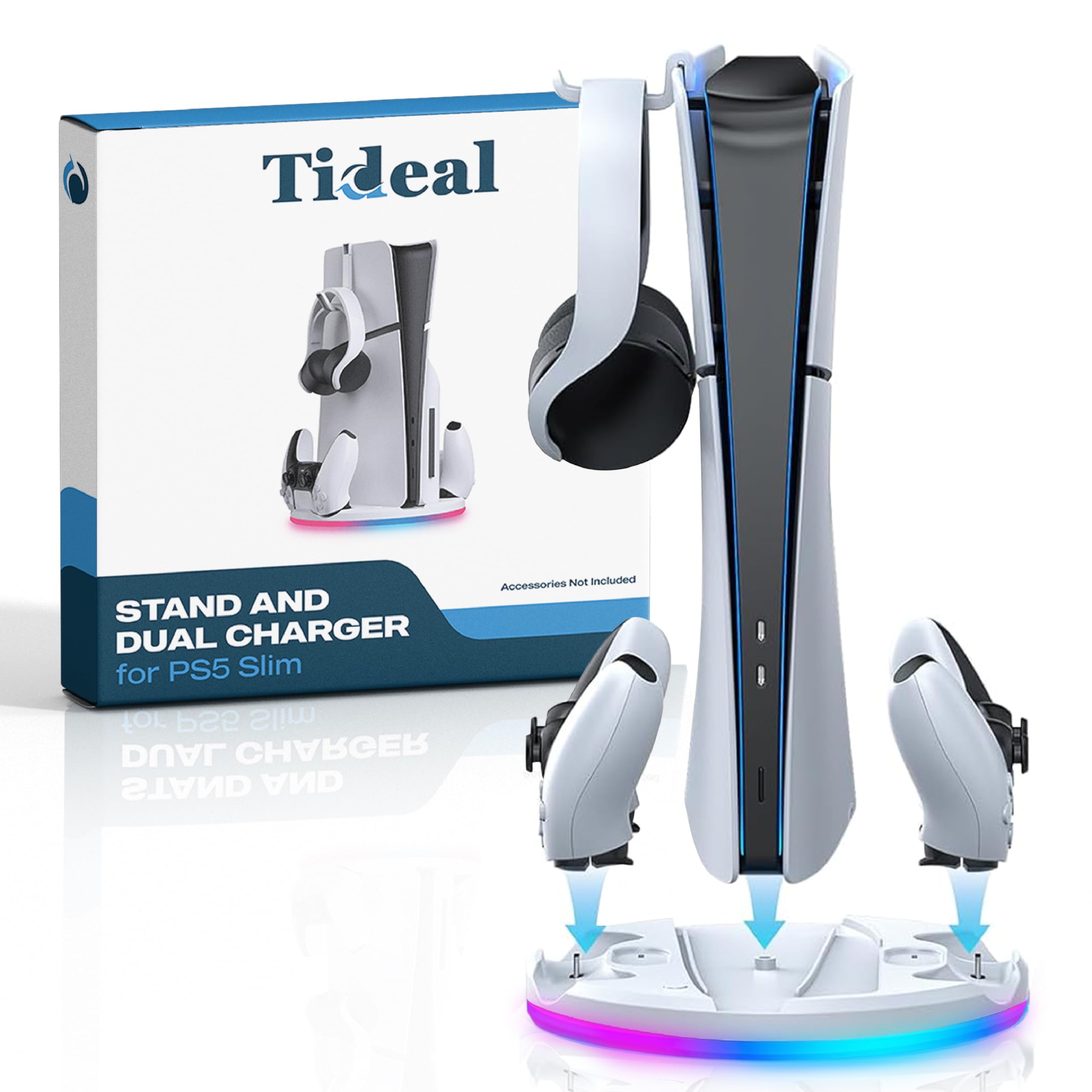 Soporte con Cargador de Controlador Dual para PS5 Slim – PlayStation 5 – Base con Base de Carga para Controlador Dual y Soporte para Auriculares – Iluminación RGB – Carga rápida – para Doble Sense y