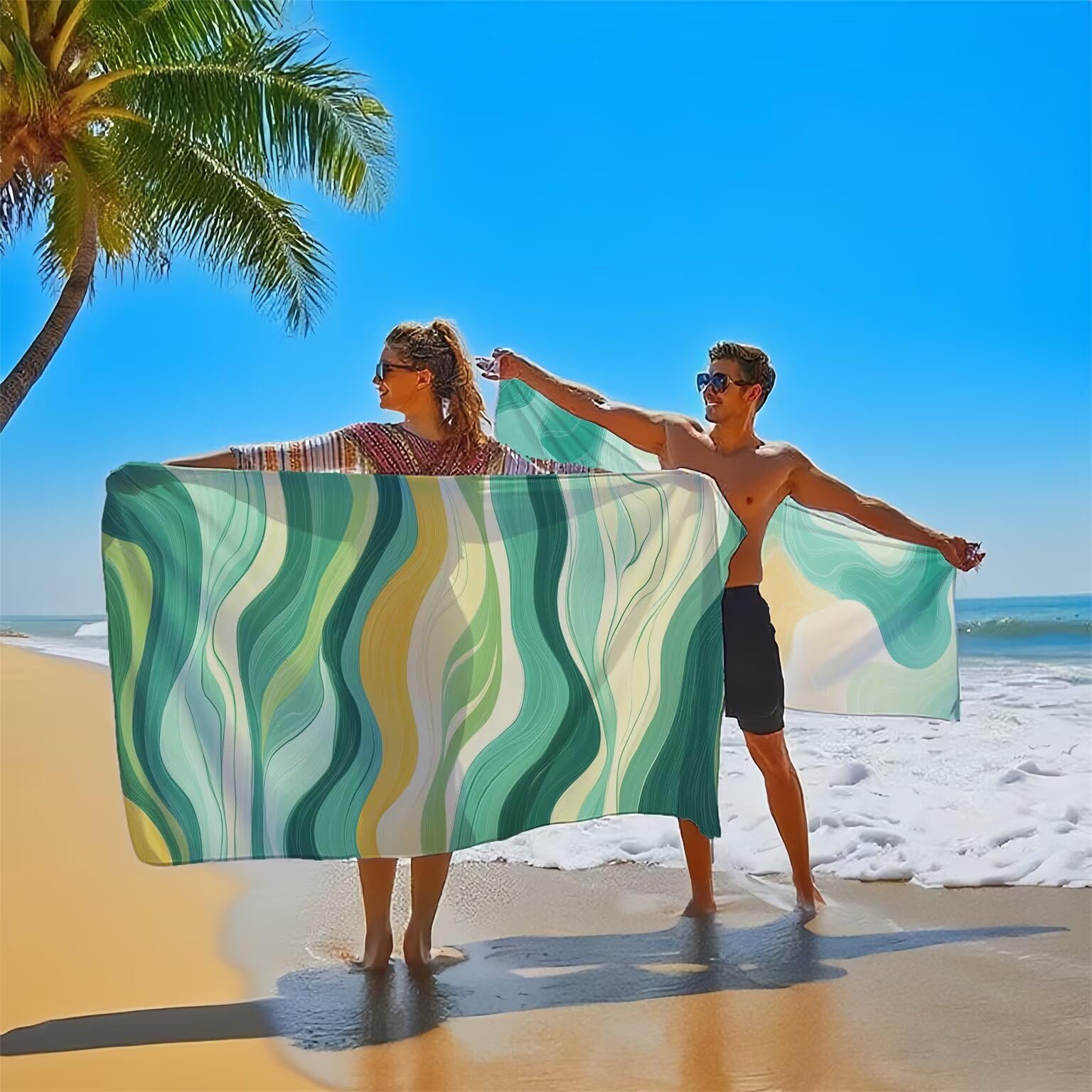 Ręcznik plażowy dla dorosłych, ręcznik z mikrofibry, fala, zielony ręcznik kąpielowy, 100 x 200 cm, duży, unikalny zatrzask, chłonny, supermiękki, szybkoschnący, odporny na piasek, lekki, do pływania