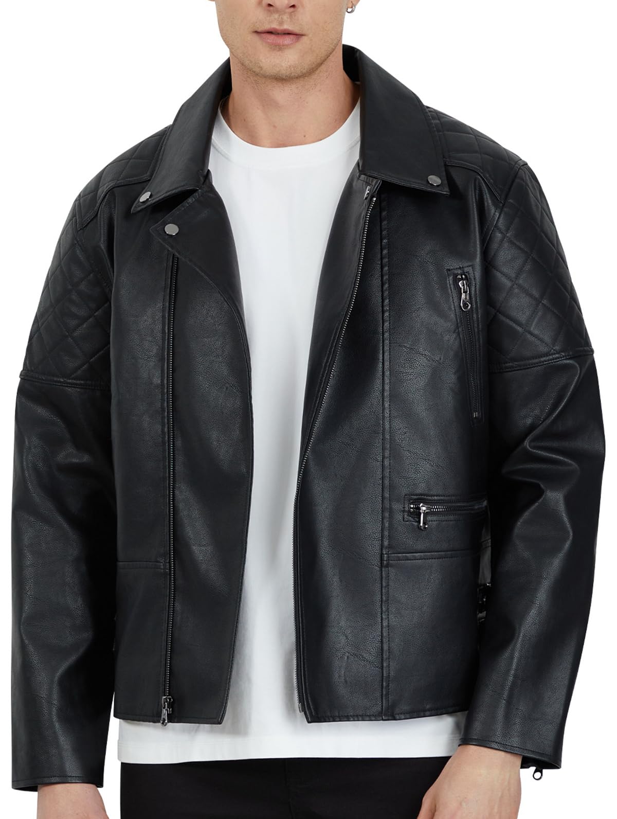 WULFUL Men's Leather Jackets, Faux Bomber Jacket for Men Motorcycle Lapel Asymmetric Zip-Up Slim Fit Biker Coat