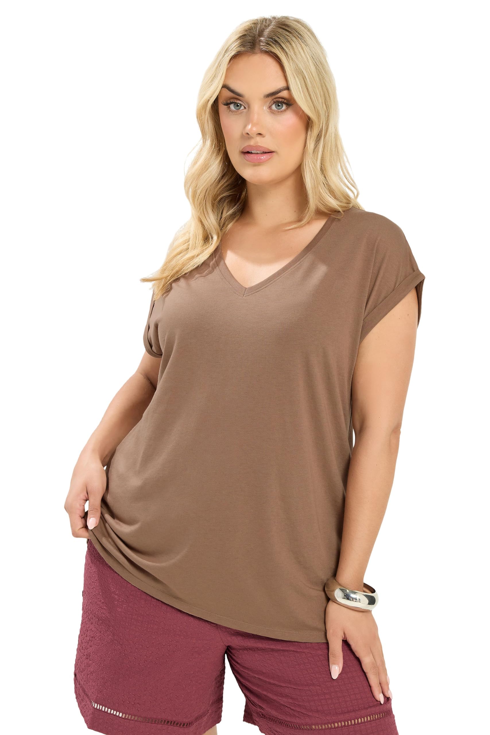 Yours Curve Natural Brown V-Neck Basic T-Shirt - Women's - Plus Size Curve