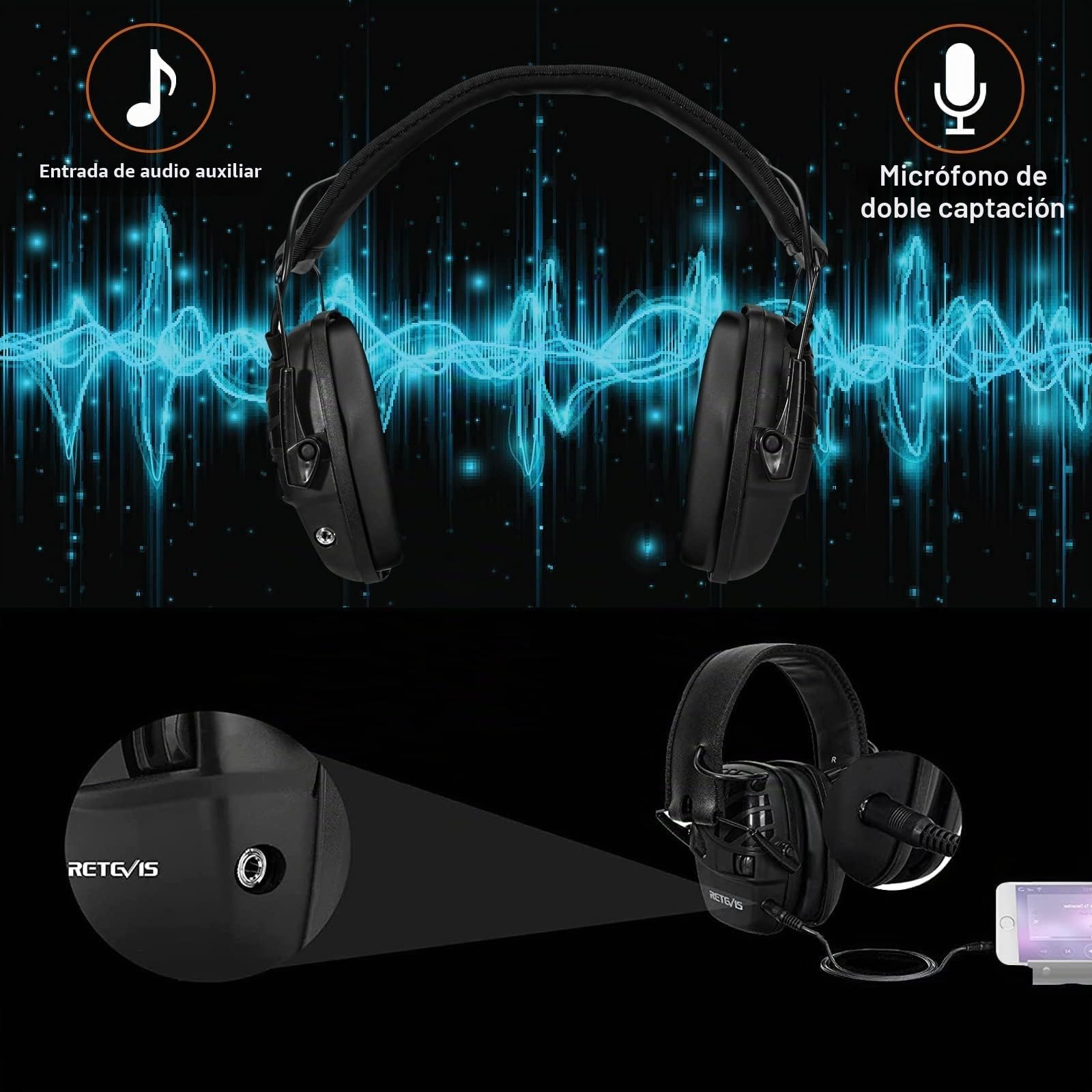 Retevis Cascos Electronicos Tiro, Entrada de Audio AUX, Micrófono de Doble Captación, Protector Auditivo Plegable para Tiro, Caza, Cortacésped, Sierra de Cadena, Maquinaria Pesada (1 Paquete, Negro)