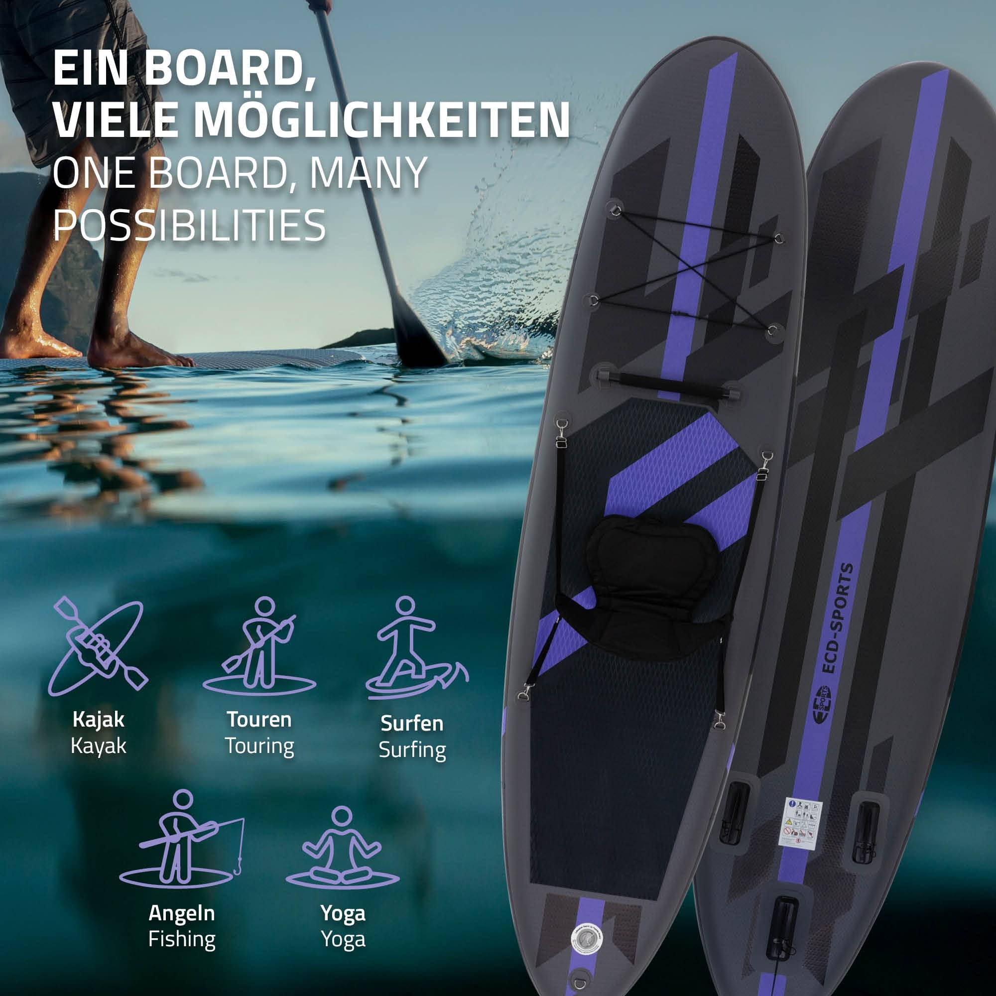 ECD Germany nadmuchiwana deska SUP 305/308/320/380 cm udzwig 120–150 kg grubosc 10–15 cm z siedziskiem kajakowym torba transportowa wioslem Deska do plywania surfowania rózne warianty