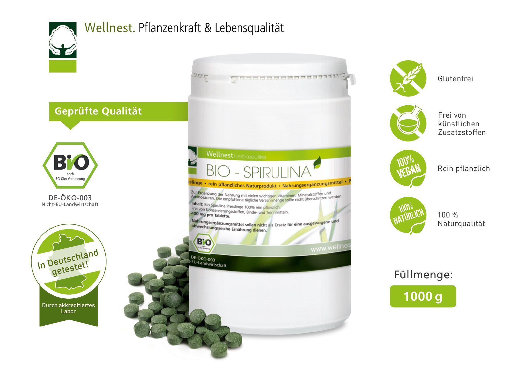 Bio Spirulina 1000 g | Detox Superfood mit hochwertigem Protein | Rückstandsgeprüft in deutschem Labor | Vegan | 2.500 Presslinge à 400 mg