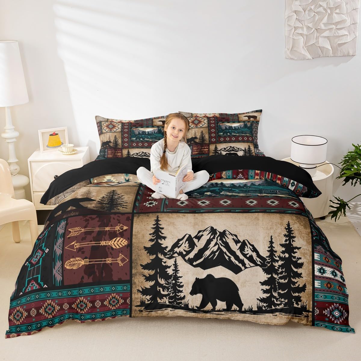 Feelyou Bear Duvet Cover Queen Size Rustic Cabin Country Bedding Set for Boys Girls Southwestern Exotic Comforter Cover Bedroom Decor 3Pcs