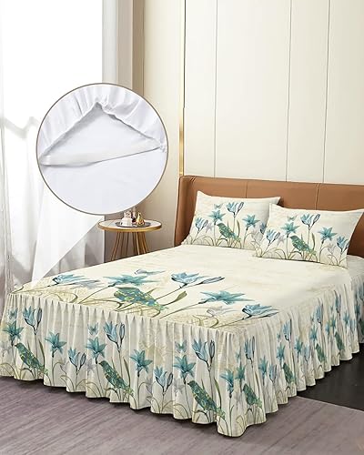 Miniatura 4 de Faldas de cama plisadas envolventes florales de primavera para cama individual de 39 x 75 pulgadas, tulipán verde azulado, flor de verano, vintage,