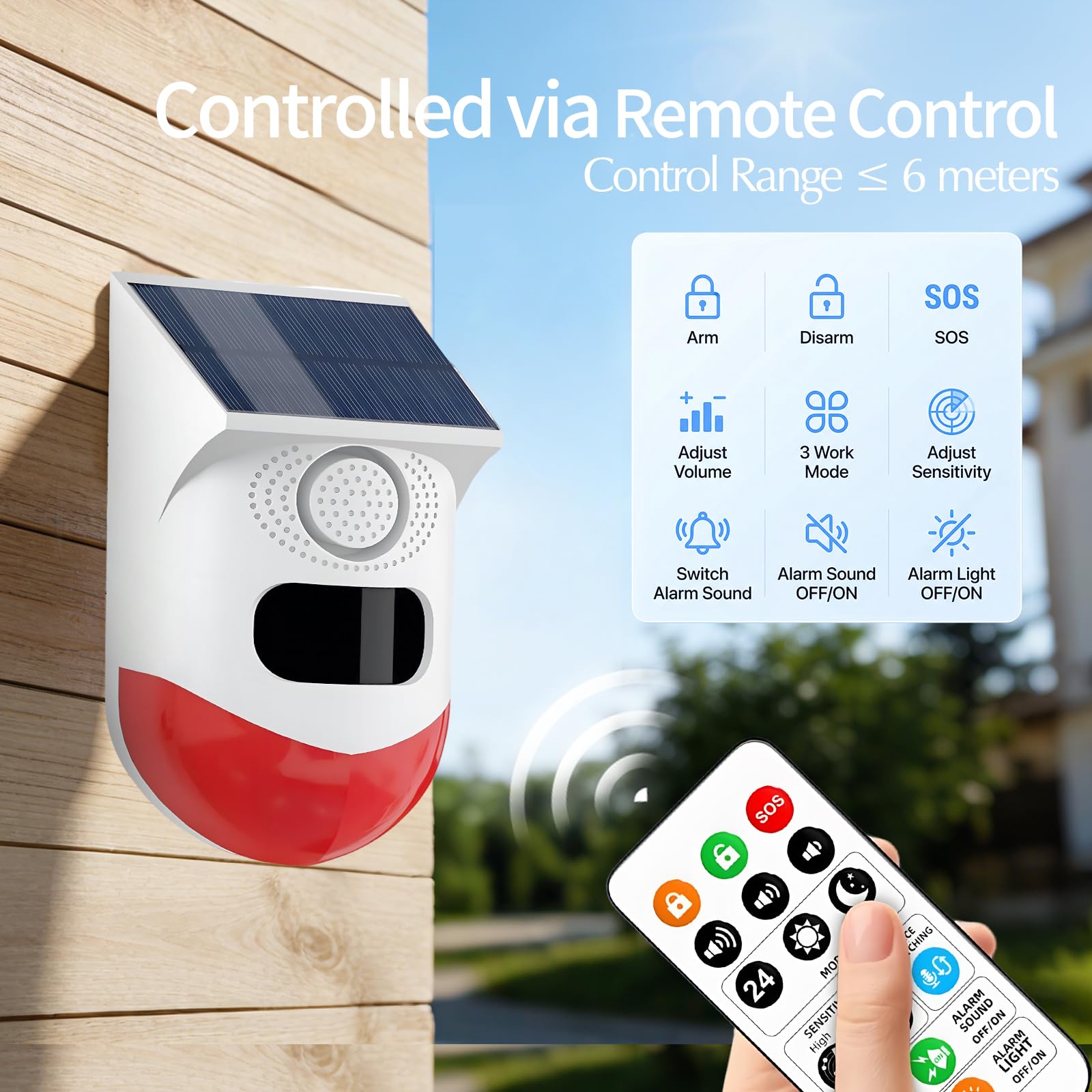WiFi Sensor de Movimiento, Sensor Solar Adecuado para Interiores y Exteriores, Volumen de 0~120dB, Control Remoto, Programación Temporal, con Mando a Distancia, 3 Modos Ángulo Detección 110º