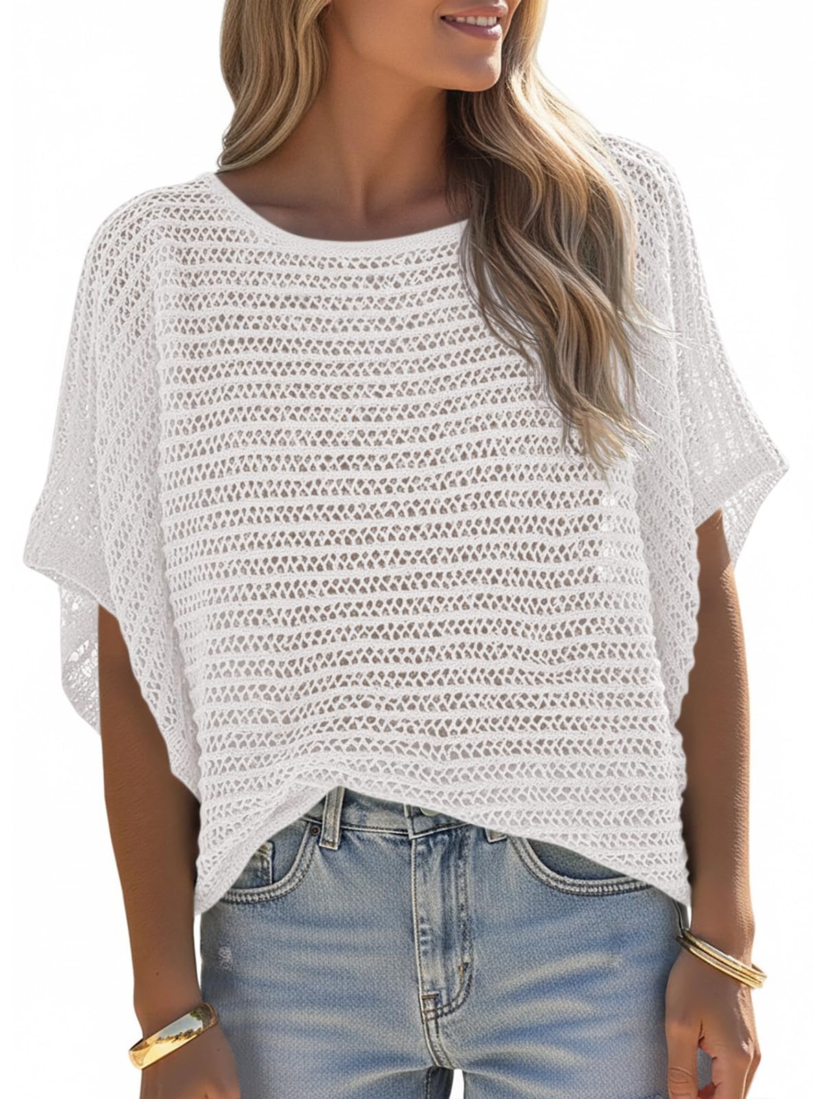 Womens Crochet Tops Summer Batwing Short Sleeve Oversized Sweater Boat Neck Mesh Knit Beach Cover Up Top-image-39