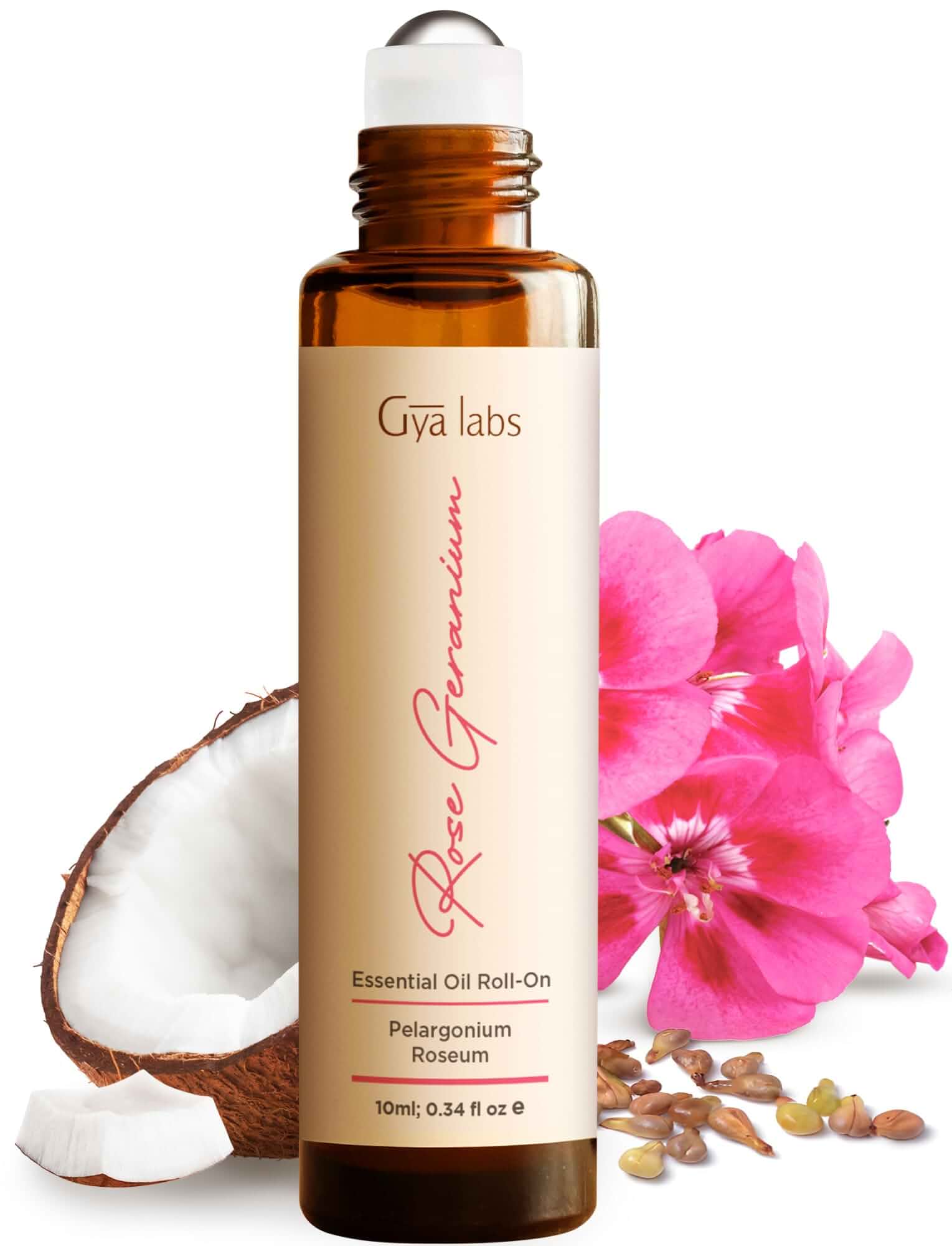 Rose Geranium Essential Oil Roll-On Convenient Travel Size for Skin 0.34 oz Floral aromatherapy, self-care & gifting Grape seed & fractionated coconut carrier oils Apply to wrists, neck & temples
