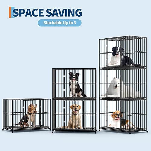 Miniatura 7 de Jaula para perros de acero inoxidable resistente para razas grandes, indestructible, a prueba de escape, ruedas de bloqueo, diseño plegable,