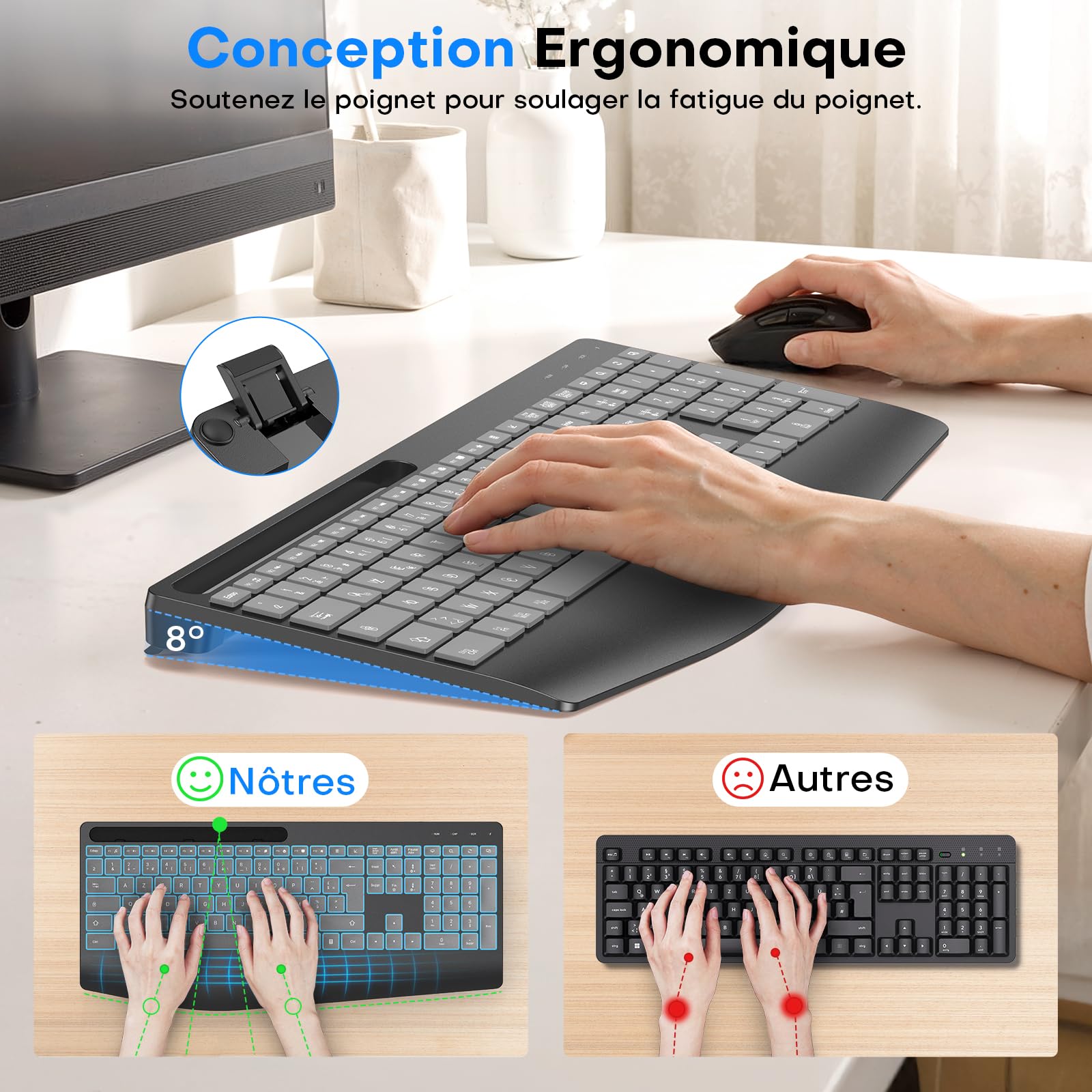OMOTON Clavier sans Fil AZERTY Français, 2,4G Clavier Ergonomique Rechargeable avec Repose-Poignet, Wireless Keyboard Rétroéclairé, Compatible PC Windows/Linux, Idéal Bureau, Gris Graphite