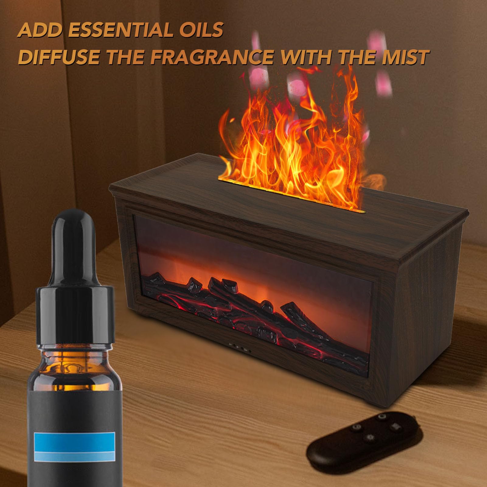Fockety Kamin Aromatherapie Diffusor, 180 Ml Wassertank Ultraschall ätherisch Ölbefeuchter Tragbarer Duftdiffusor mit Simulation Flamme 7 Farben für Home Schlafzimmer (Dunkel)