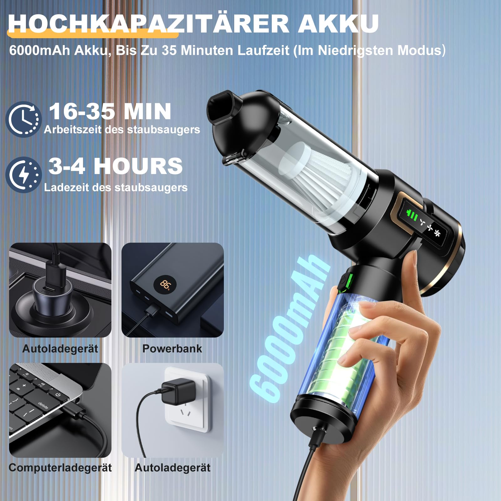 Handstaubsauger Akku 4-in-1 mit LCD Display, Auto Staubsauger Stark 28000PA Kabellos, 3-Stufen 240000 U/min Mini Staubsauger mit Bildschirm für Auto, Küche, PC, Sofa, Büro, Haus & Tierhaare