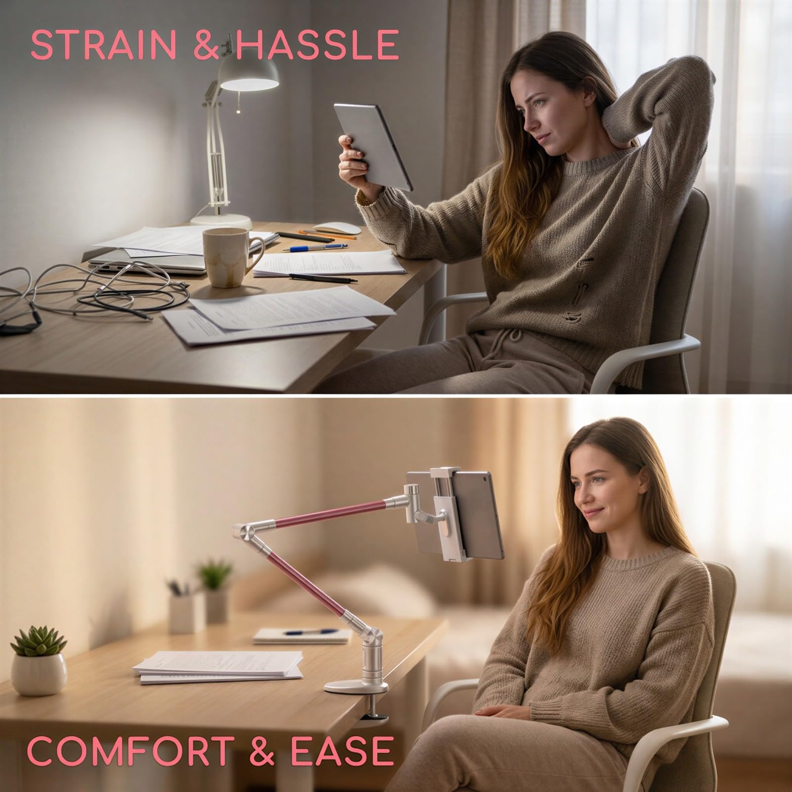 Support de Tablette Flexible, Bras Long pour lit et Bureau, Support Pince Rose pour téléphone, Rotatif à 360 degrés, Bras col de Cygne pour Films et Lecture, réglable et Pratique au Quotidien