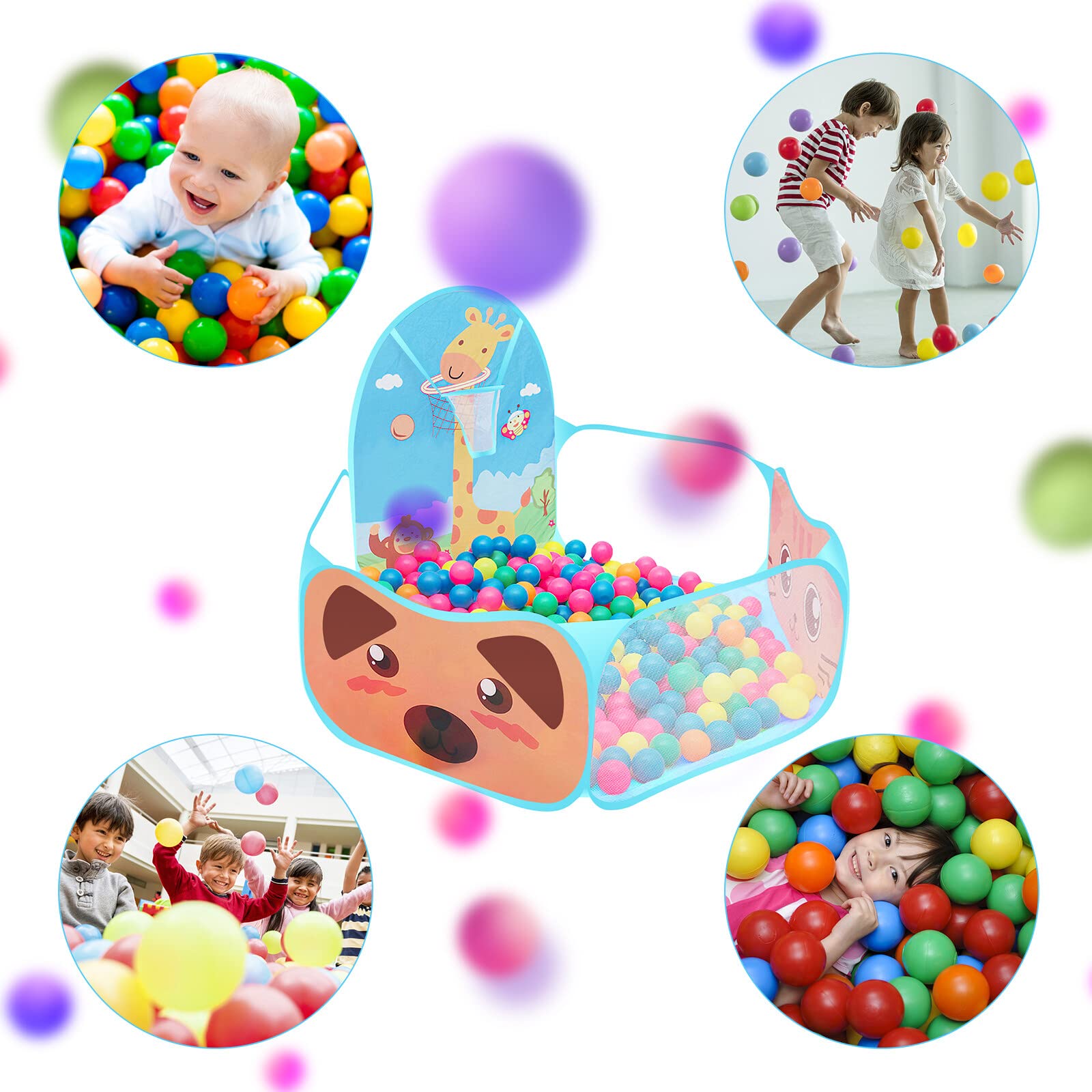 Tenda da gioco per bambini, automontante e pieghevole, con motivo stile cartone animati, con piscina per palline e canestro da basket per uso in ambienti interni ed esterni casetta per bambini