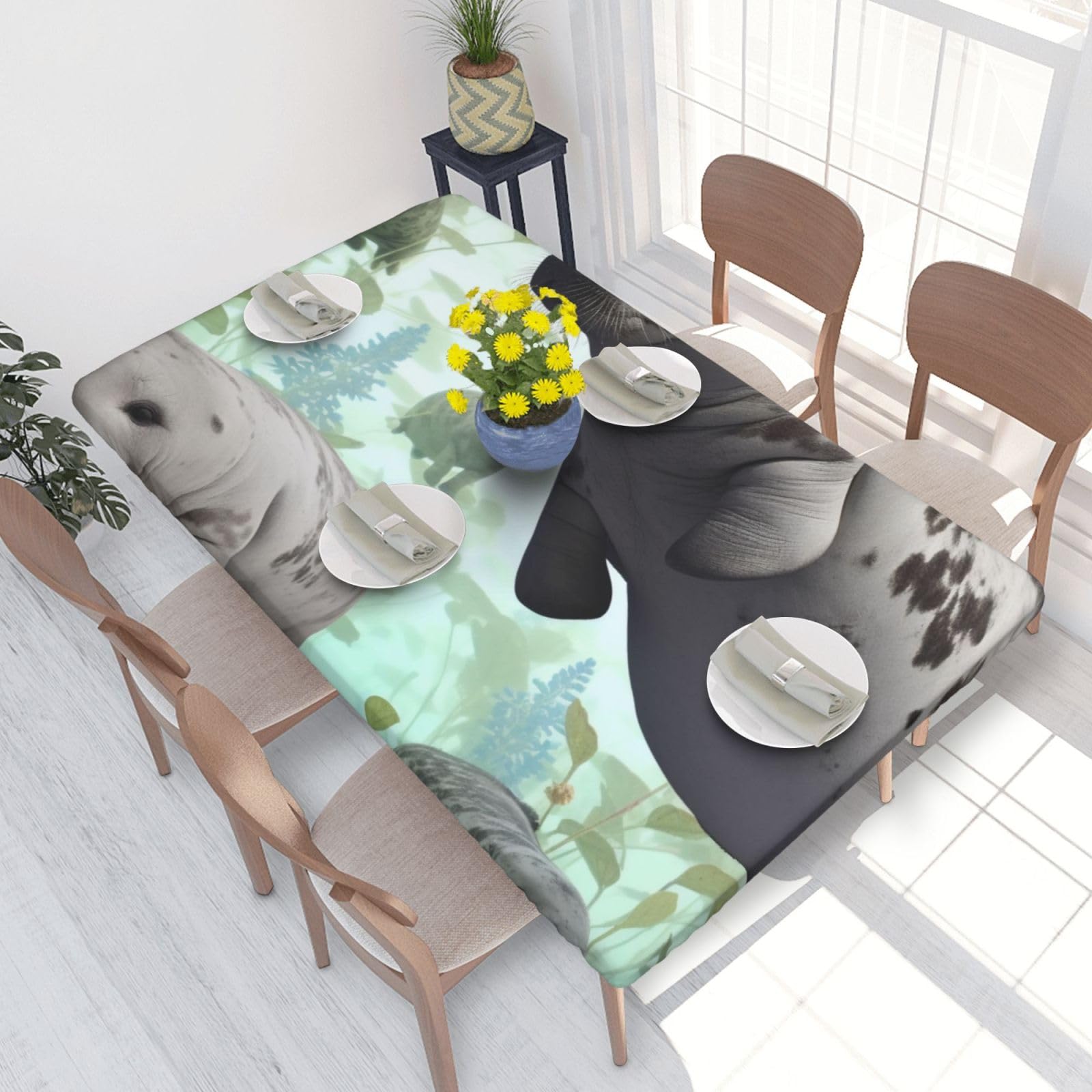 DCARSETCV Rabbits Manatees Printed 4FT Waterproof Tablecloth with Elastic Edged Protect & Decor Your Table, Oil-proof Washable Table Cloth Cover for Dinner Picnic Party