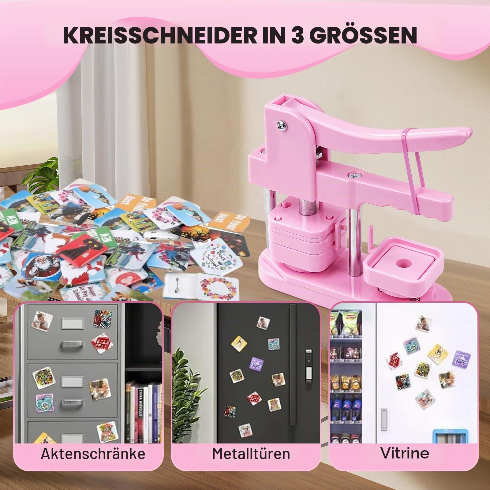 Button-Maschine, 50 mm, quadratisch, DIY-Kühlschrank, Abzeichen-Press-Set mit 100 Knopfteilen für Geschenke, Pin-Hersteller, Rosa