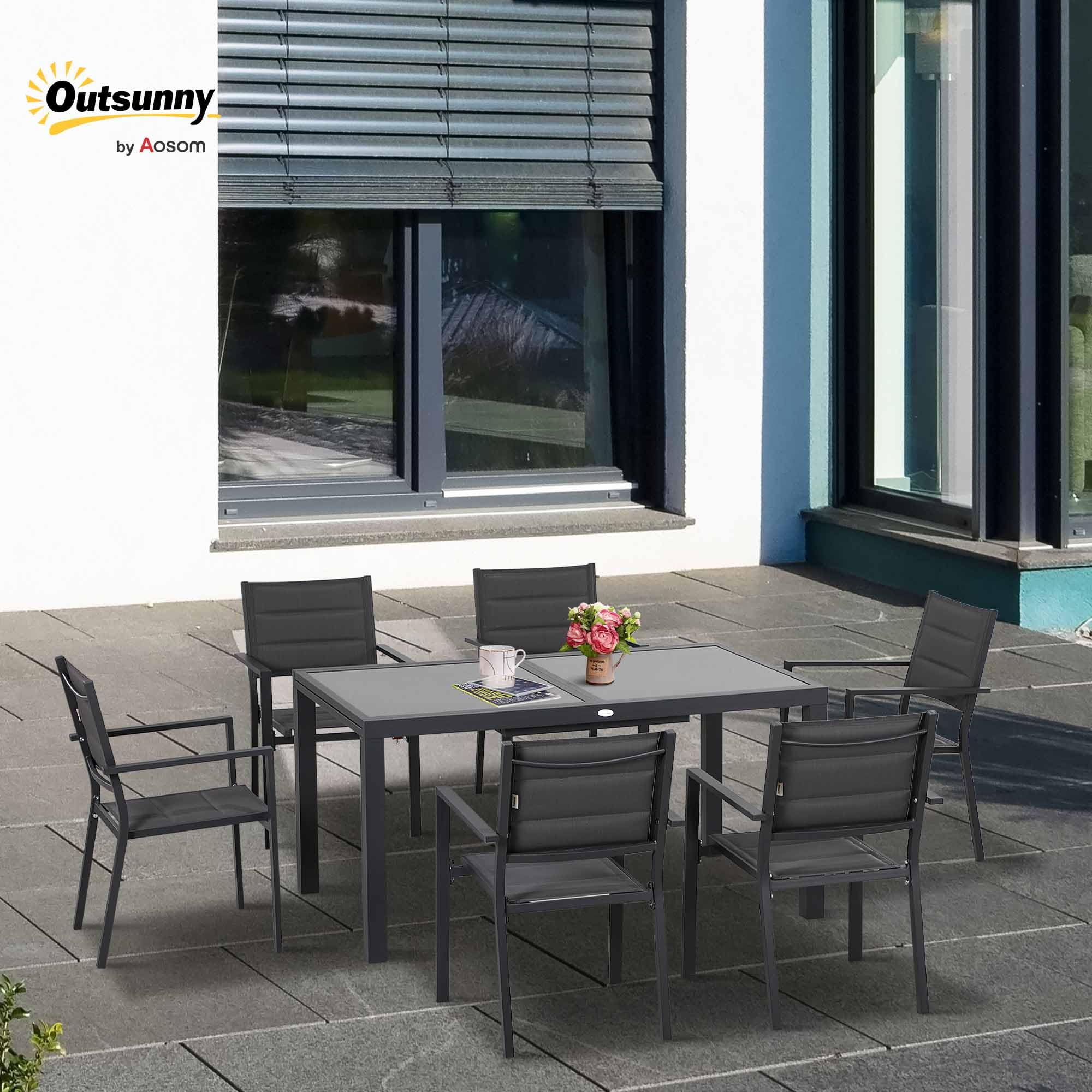 Outsunny Set Tavolo e Sedie da Giardino 7 Pezzi, Alluminio, Tavolo Rettangolare Allungabile, 6 Sedie Impilabili Texteline, Grigio Scuro