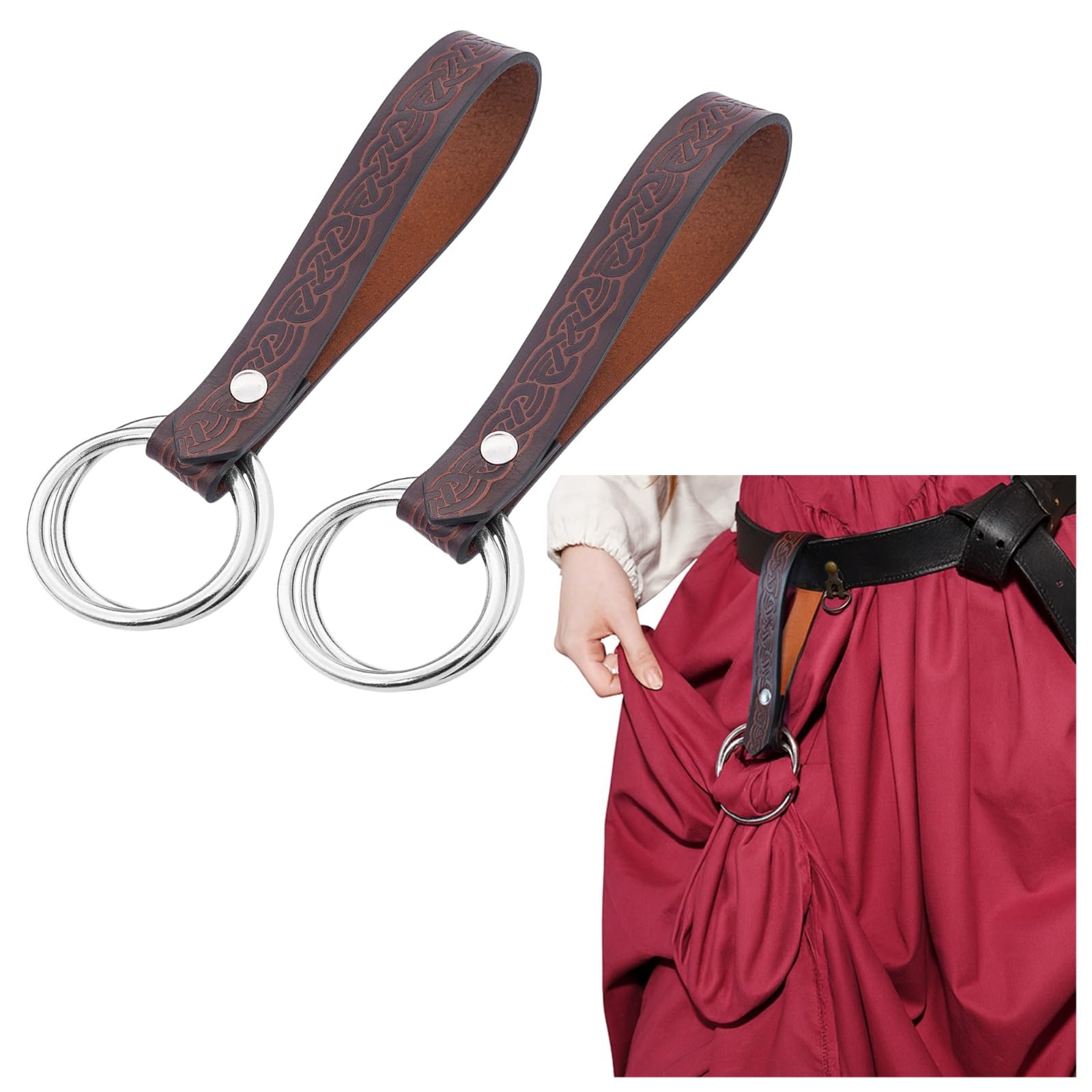Lord of Battles 2pcs Skirt Hikes Handmade 100% Full Grain Leather Waist Skirt Hoops Accessory for Renaissance, Cosplay (Brown)