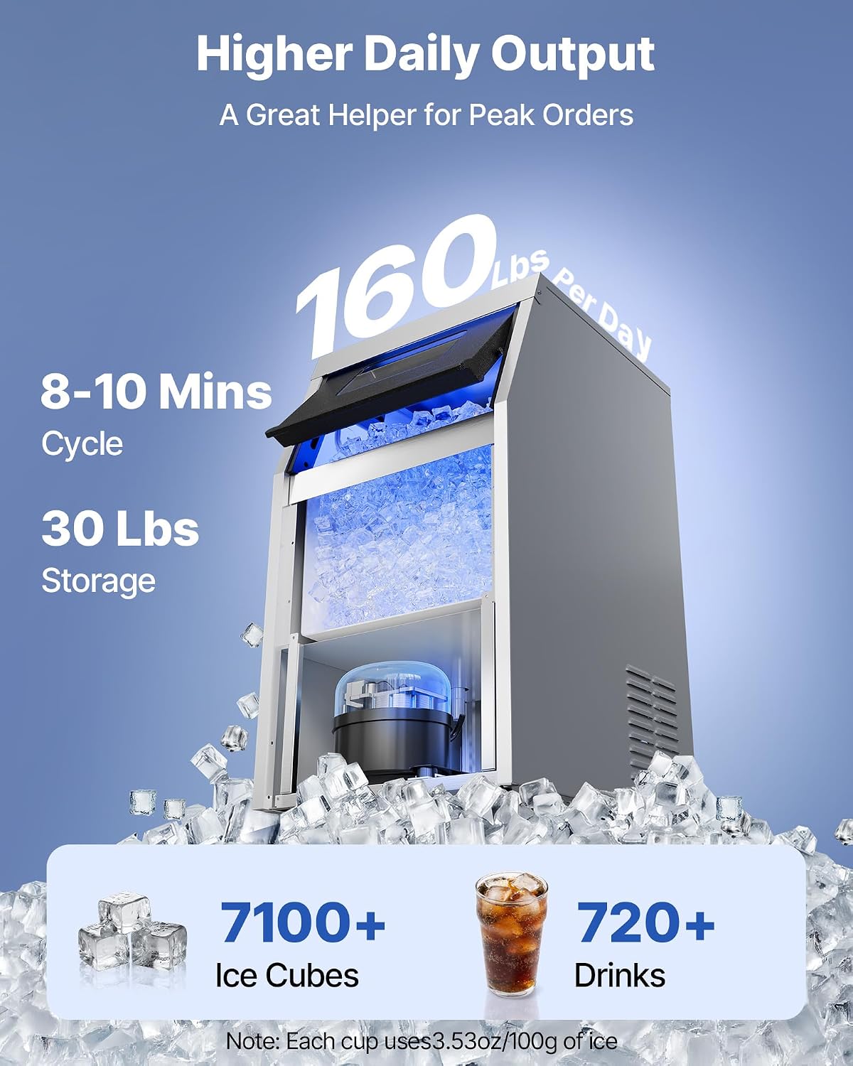 VEVOR Commercial Ice Maker Machine, 160 lbs/24h with 30 lbs Storage Capacity, Built-in/Freestanding/Under Counter, Stainless Steel Ice Maker with LED Display & Self-Cleaning, for Home Bar Restaurant