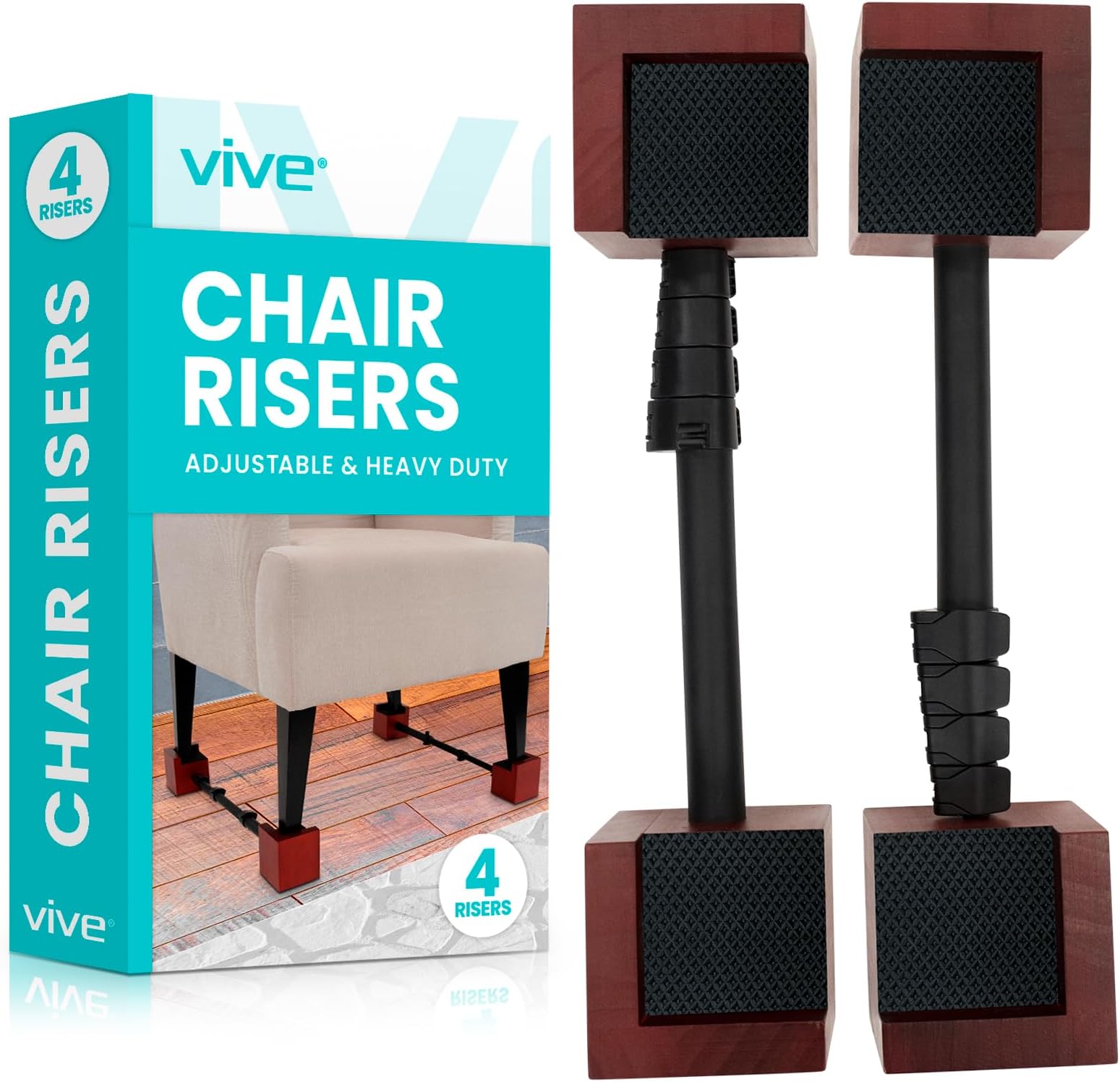 Vive Chair Risers (4 Pack) - Heavy Duty Lifters for Furniture, Desk, Table, Couch Sofas - Adjustable, 3,000 LB Weight Capacity - Non Slip Wood Risers, Elevates 3" Height for Seniors