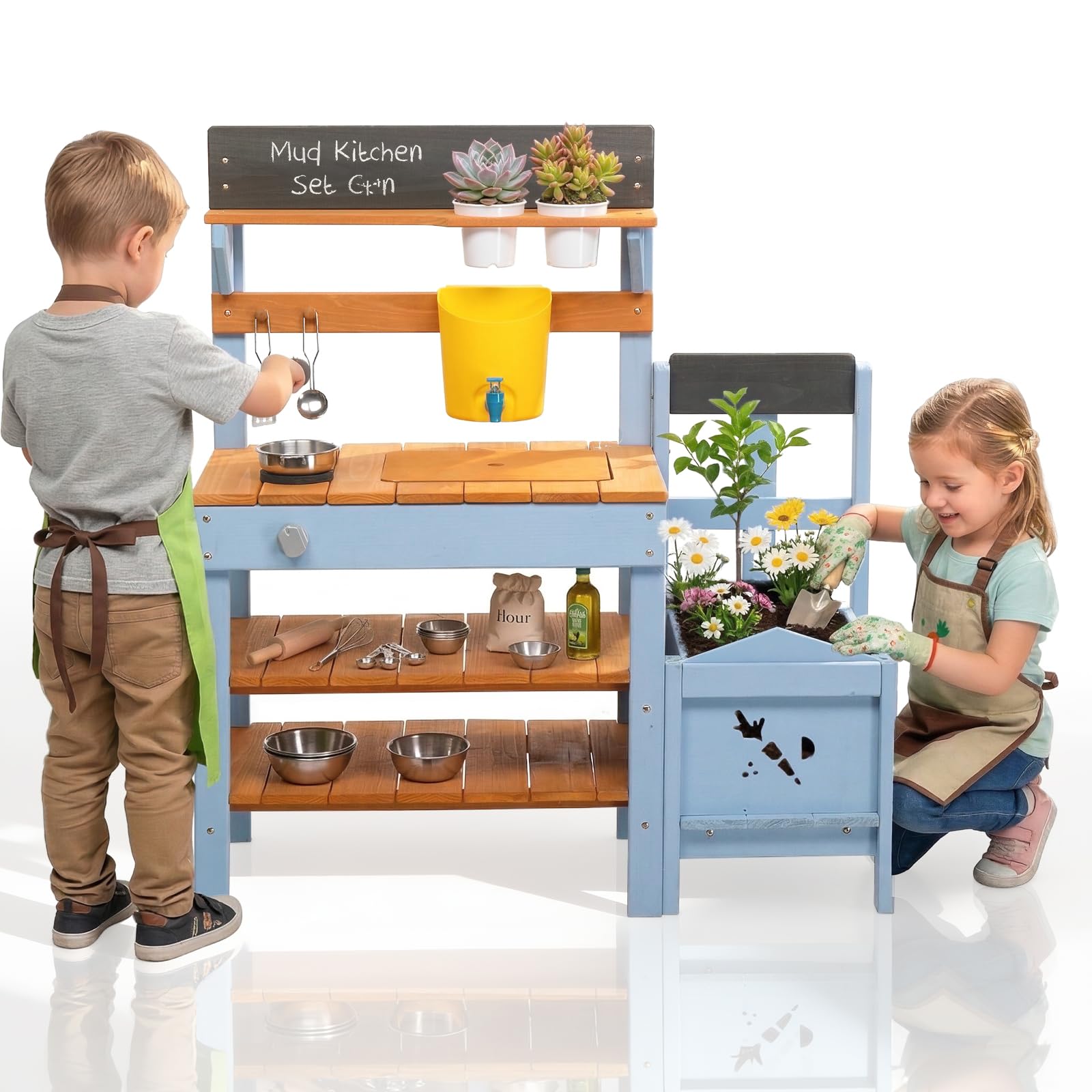 LALAHO Outdoor Mud Kitchen for Kids, Wooden Play Kitchen Set with Sink, Planter Box, Stove, Pots and Accessories for Backyard, Garden, Toddlers Ages 3+