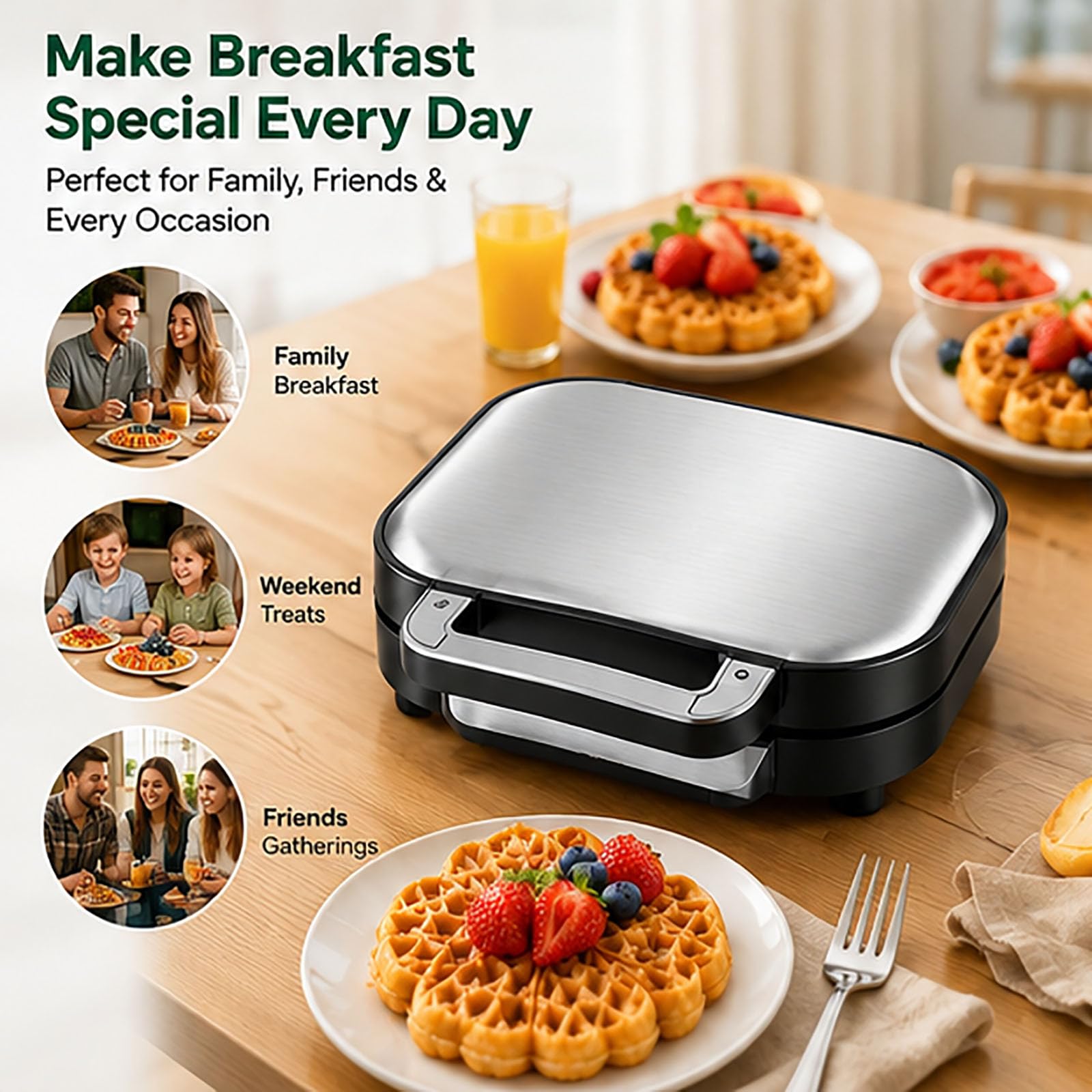Macchina per waffle doppia a forma di cuore, riscaldamento rapido da 1200 W | Ferro antiaderente, temperatura regolabile, colazione in 3 minuti, riscaldamento uniforme, pulizia facile