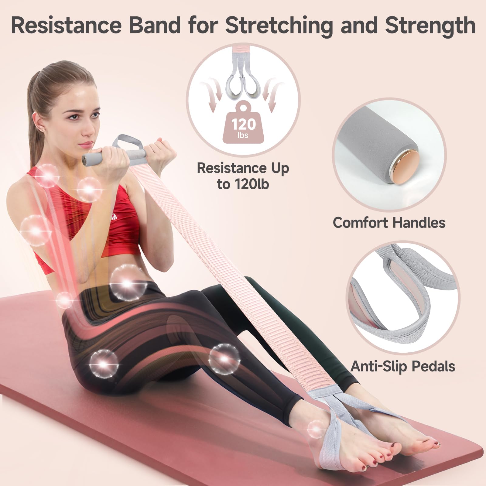 VANiGO Fabric Resistance Band with Handles, 120lb Full-Body Excercise Band, Non-Slip Elastic Bands for Strength Muscle Training, Stretch Band Workout Equipment for Leg Arm Chest Core Wrist Ankle