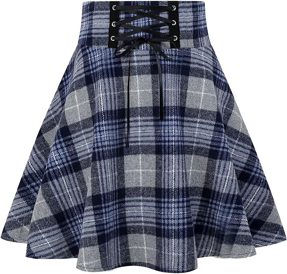 Kinghua Womens Warm Wool Plaid Mini Skirts High Waisted Lace Up Pleated Skater Skirts - Image 2