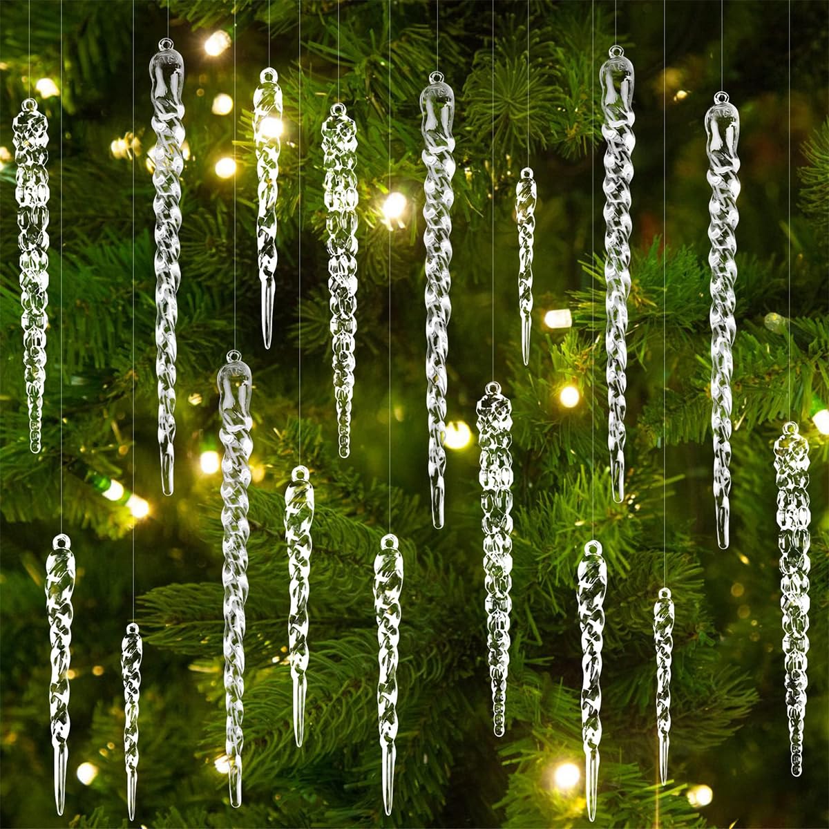 ZIBUYU® 24Pcs Christmas Tree Decoration Items 4 Sizes Transparent Acrylic Crystal Icicle Hanging Decorative Christmas Ornaments for Xmas Tree, Home Decor, Door, Window