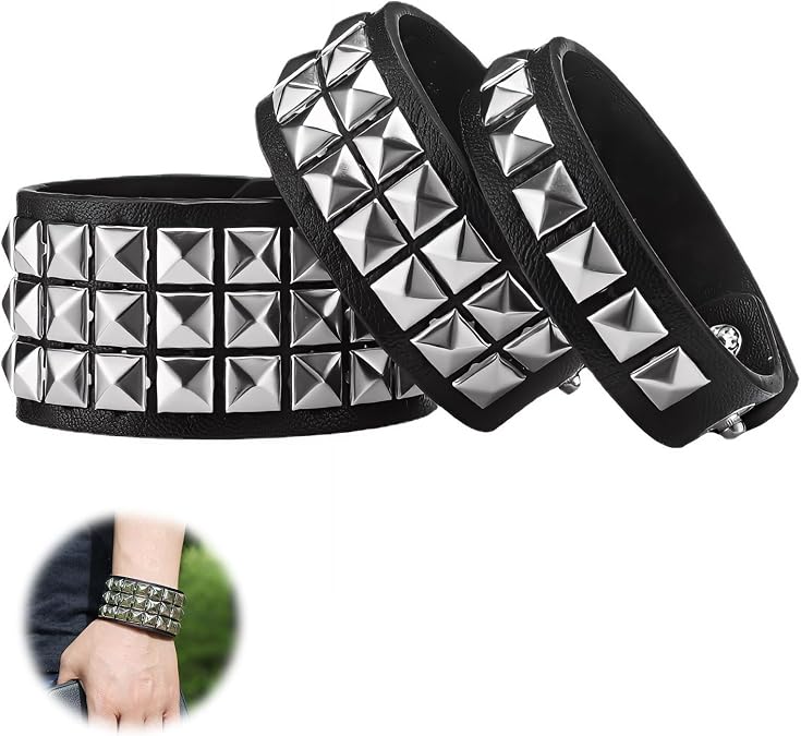 3Pcs Black Leather Punk Studded Bracelets Gothic Cuff Wristbands | Adjustable Silver Rock Bangle Set with Silver Studs for Daily Wear Cosplay Stage Performance Party Men & Women